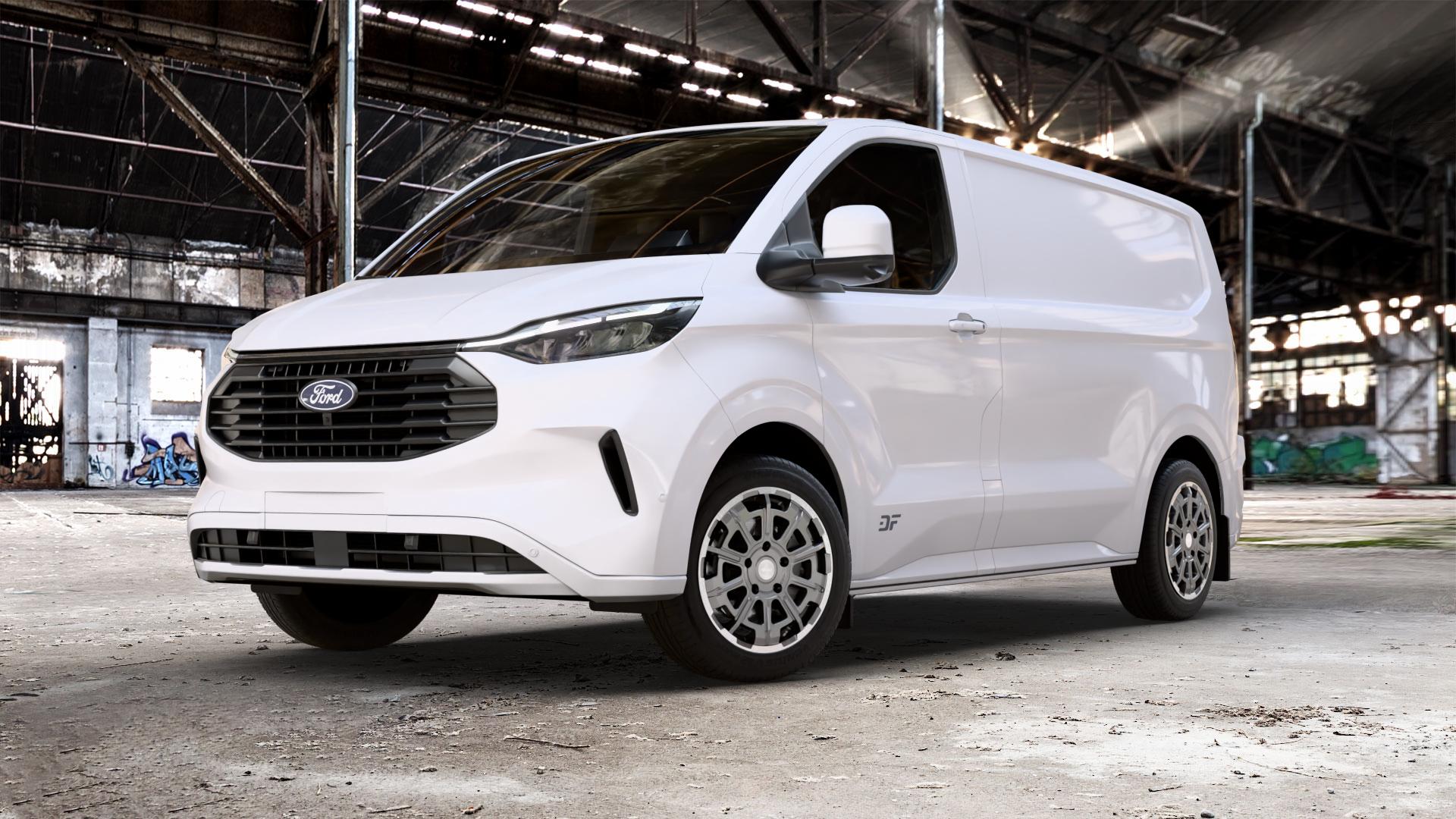 Brock B45 himalaya-grey front-poliert Felge mit Reifen grau in 18Zoll Winterfelge Alufelge auf weissem Ford Transit Custom Typ NRN ⬇️ mit 15mm Tieferlegung ⬇️ Old Industrial Hall_max_5300mm_2024 Frontansicht_1
