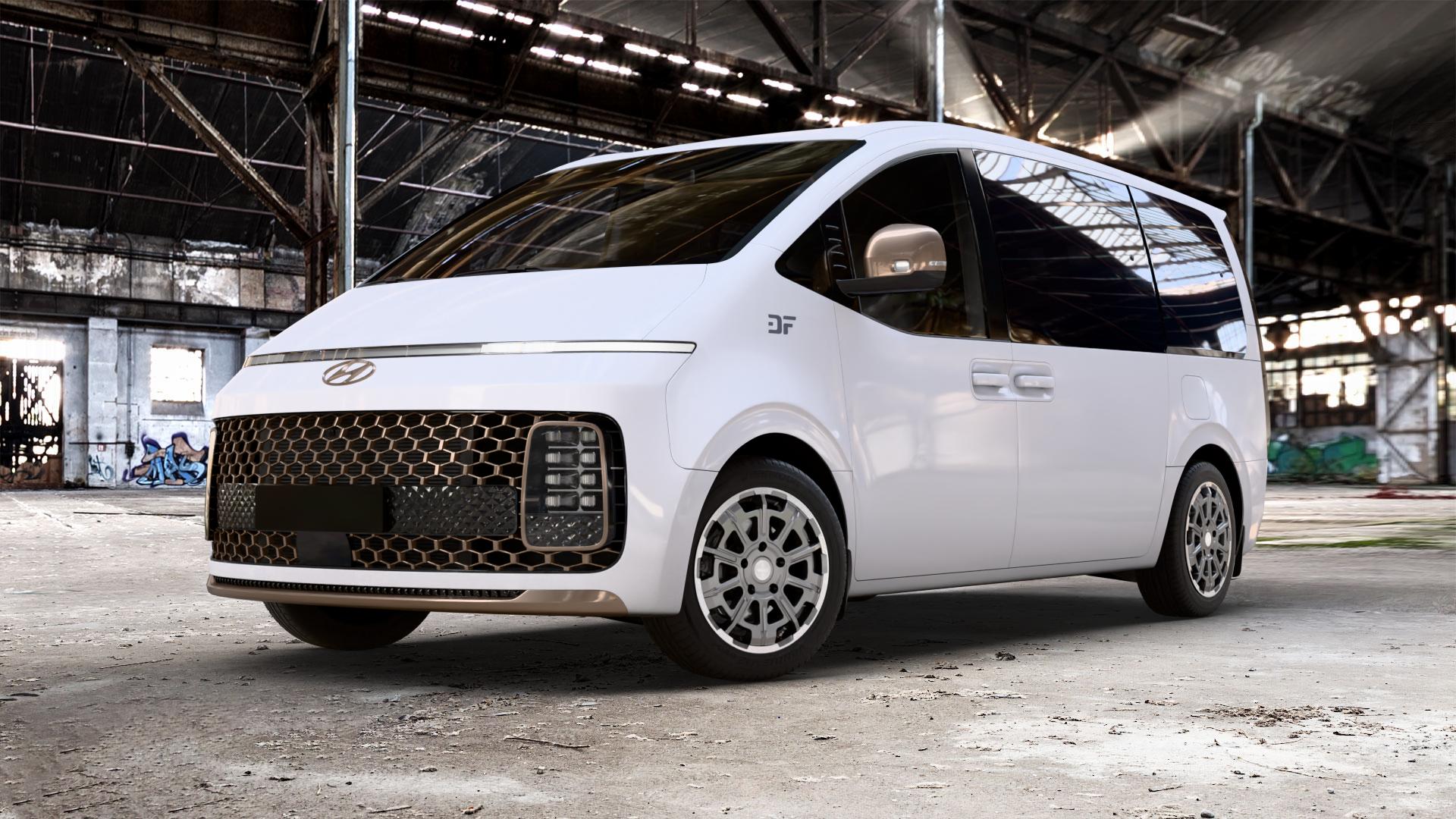 Brock B45 himalaya-grey front-poliert Felge mit Reifen grau in 18Zoll Winterfelge Alufelge auf weissem Hyundai Staria Typ US4 2,2l CRDi 130kW (177 PS) AWD ⬇️ mit 15mm Tieferlegung ⬇️ Old Industrial Hall_max_5300mm_2024 Frontansicht_1
