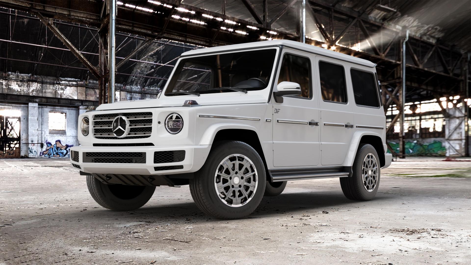 Brock B45 himalaya-grey front-poliert Felge mit Reifen grau in 18Zoll Winterfelge Alufelge auf weissem Mercedes G-Klasse Typ W463 Facelift (18->) ⬇️ mit 15mm Tieferlegung ⬇️ Old Industrial Hall_max_5300mm_2024 Frontansicht_1