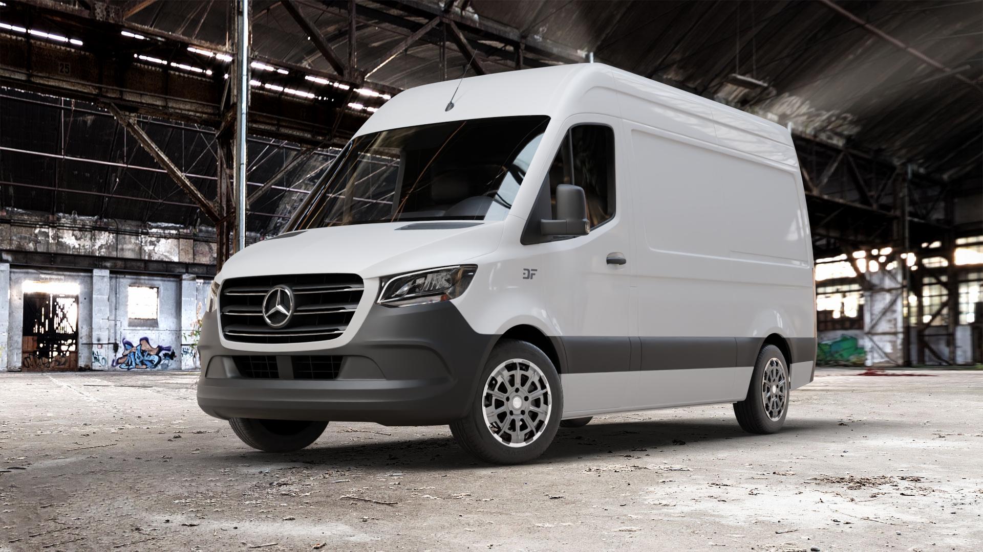 Brock B45 himalaya-grey front-poliert Felge mit Reifen grau in 18Zoll Winterfelge Alufelge auf weissem Mercedes Sprinter III Typ KL3A4 KL3A5 906BB FL KL 906BA 906AC ⬇️ mit 15mm Tieferlegung ⬇️ Old Industrial Hall_max_7000mm_2024 Frontansicht_1