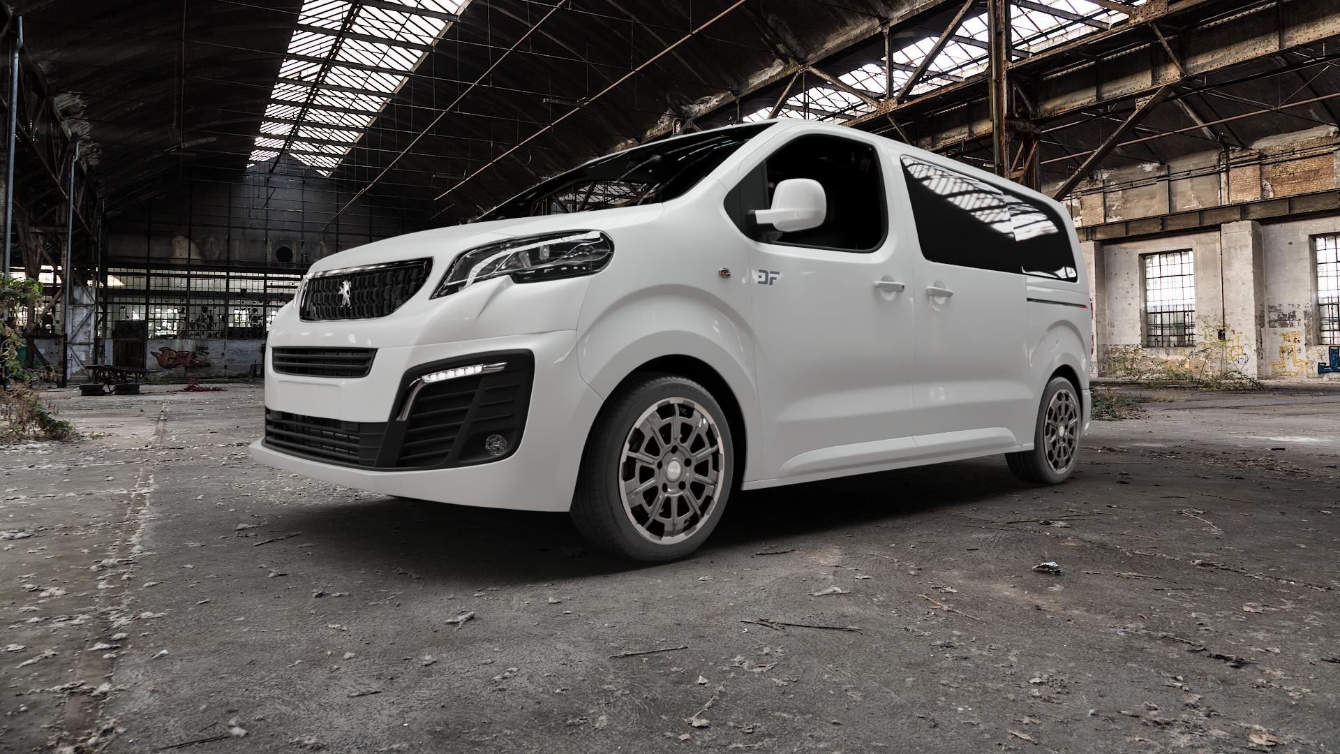 Brock B45 himalaya-grey front-poliert Felge mit Reifen grau in 18Zoll Winterfelge Alufelge auf weissem Peugeot Expert III Typ V ⬇️ mit 15mm Tieferlegung ⬇️ Old Industrial Hall_max5000mm_2022 Frontansicht_1