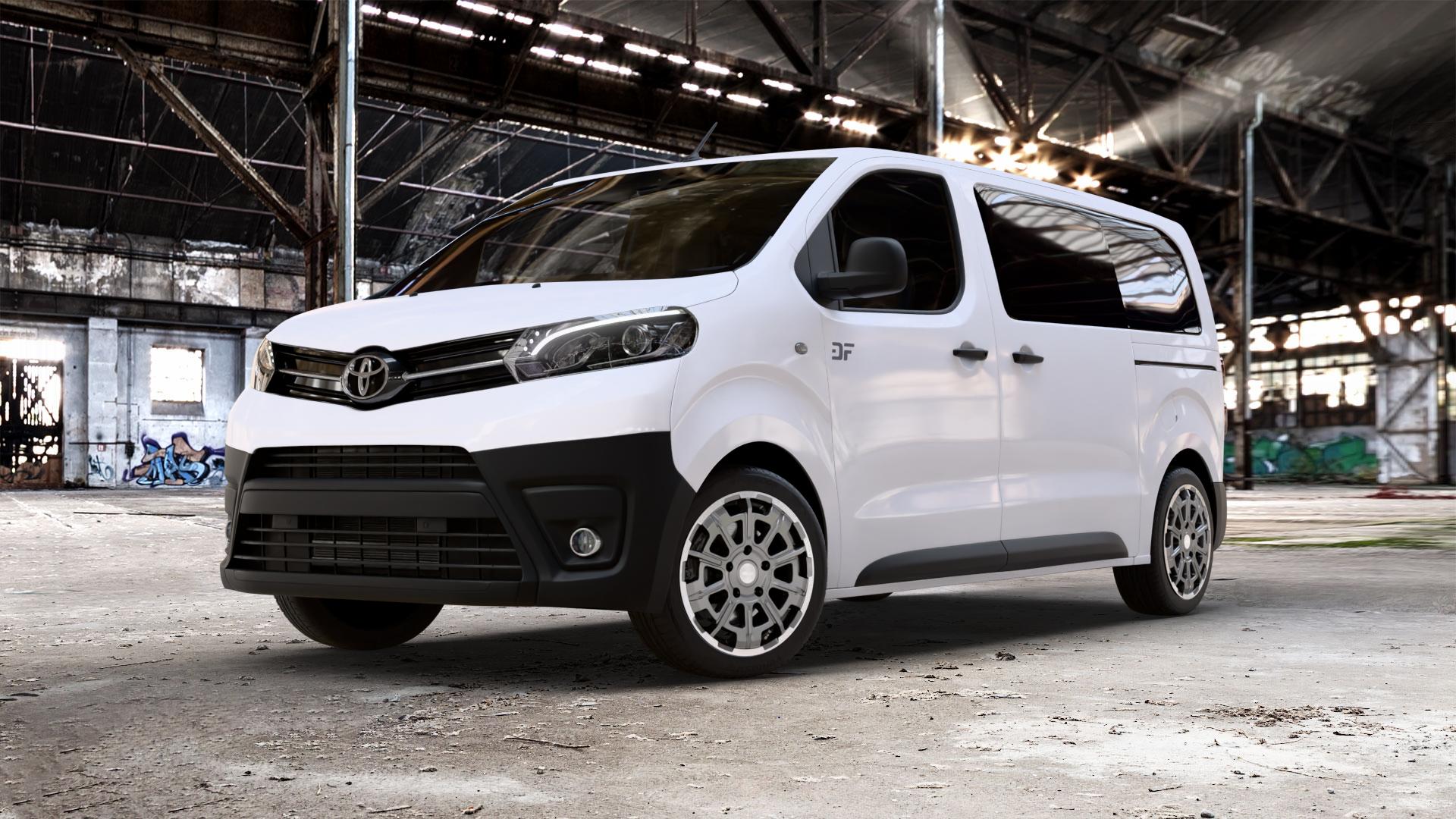 Brock B45 himalaya-grey front-poliert Felge mit Reifen grau in 18Zoll Winterfelge Alufelge auf weissem Toyota Proace II Verso Typ V ⬇️ mit 15mm Tieferlegung ⬇️ Old Industrial Hall_max_5300mm_2024 Frontansicht_1