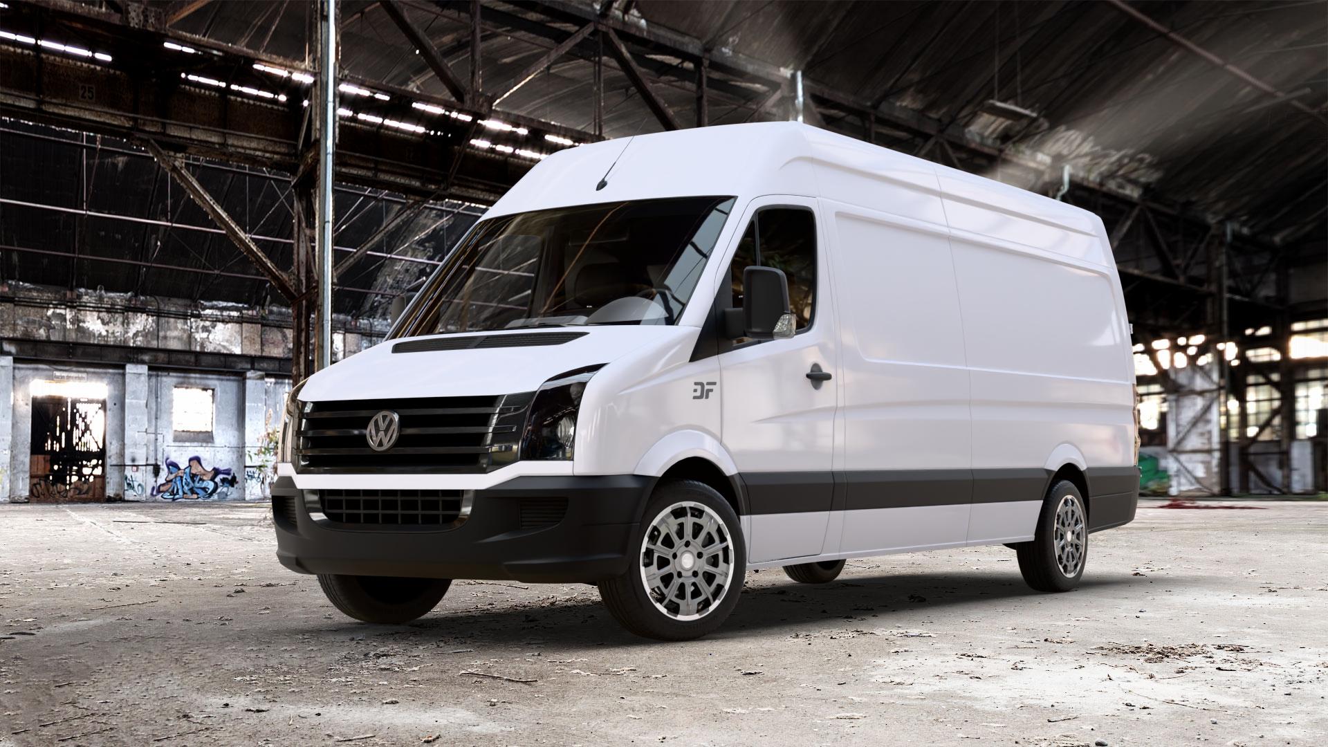 Brock B45 himalaya-grey front-poliert Felge mit Reifen grau in 18Zoll Winterfelge Alufelge auf weissem Volkswagen (VW) Crafter 30-50 Kasten 30-35 Bus Typ 2EC1 2EC2 2EKE1 2EKE2 2EKZ 4Motion ⬇️ mit 15mm Tieferlegung ⬇️ Old Industrial Hall_max_7000mm_2024 Frontansicht_1