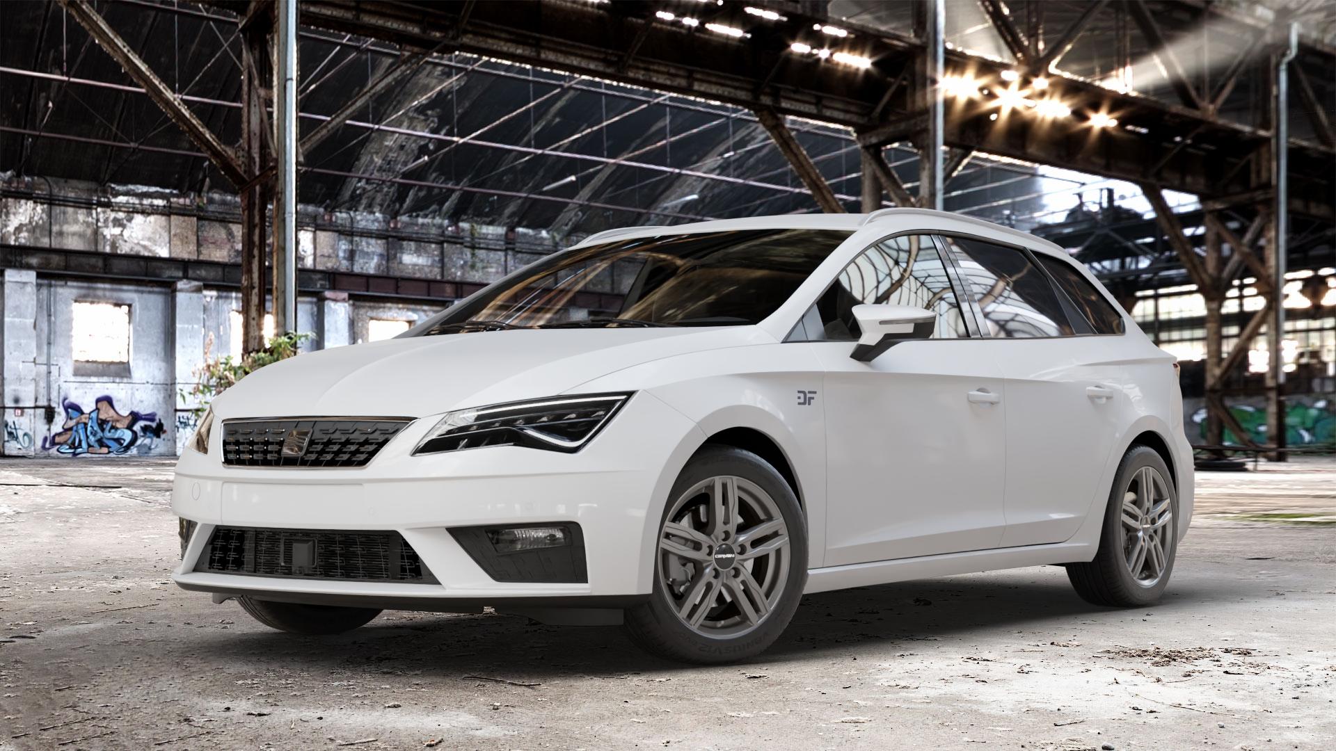 CARMANI 14 Paul hyper gun Felge mit Reifen silber in 16Zoll Winterfelge Alufelge auf weissem Seat Leon Typ 5F ST Facelift ⬇️ mit 15mm Tieferlegung ⬇️ Old Industrial Hall_max_4400mm_2024 Frontansicht_1