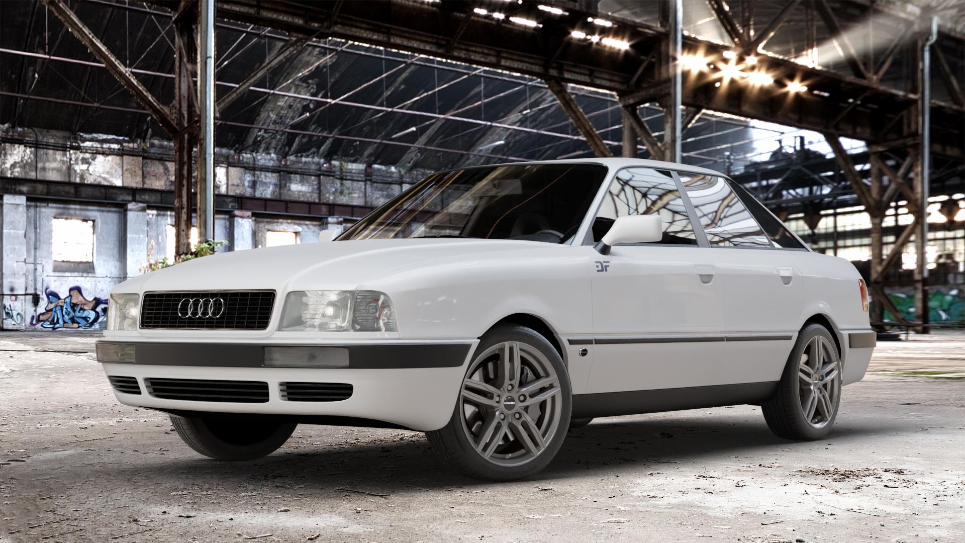 CARMANI 14 Paul hyper gun Felge mit Reifen silber in 17Zoll Winterfelge Alufelge auf weissem Audi 80 Typ 89 (Limousine) B4 80/90 ⬇️ mit 15mm Tieferlegung ⬇️ Old Industrial Hall_max_4400mm_2024 Frontansicht_1