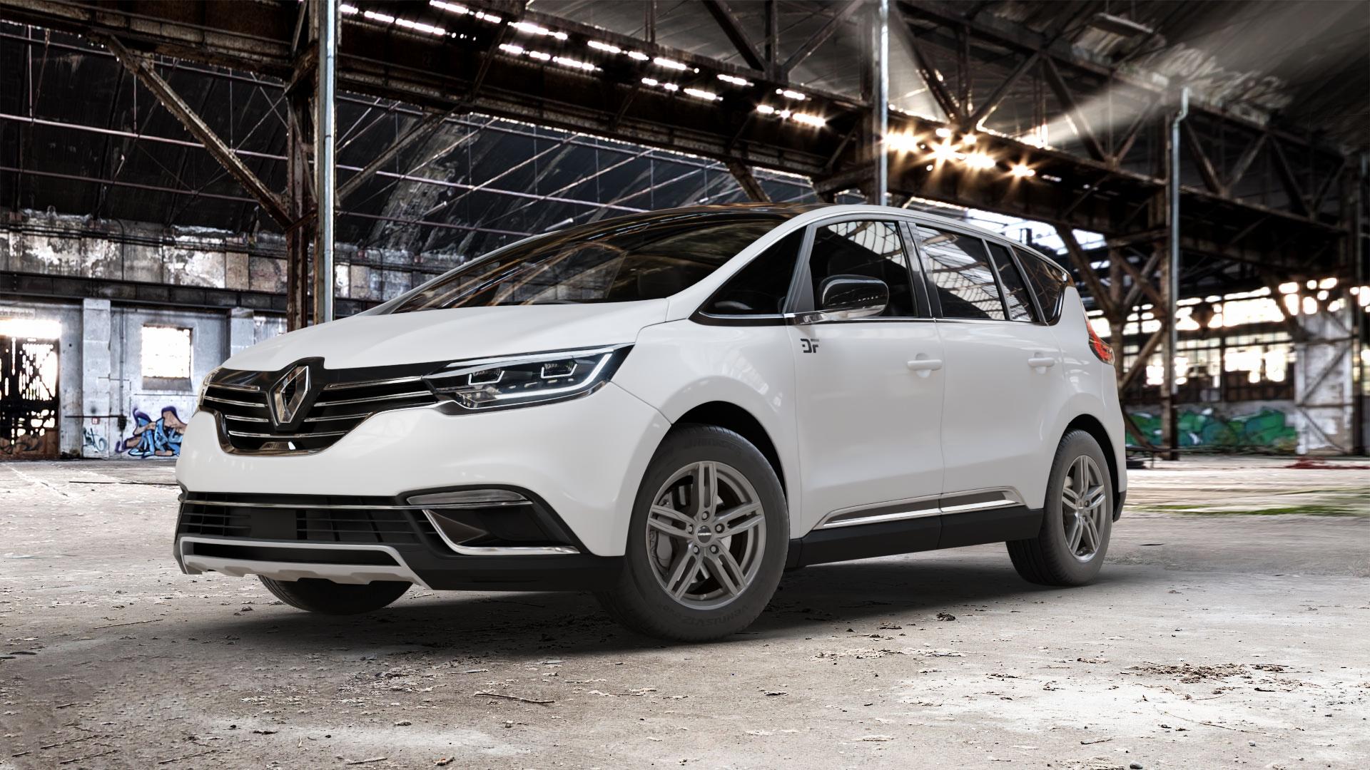CARMANI 14 Paul hyper gun Felge mit Reifen silber in 17Zoll Winterfelge Alufelge auf weissem Renault Espace V Typ RFC Facelift ⬇️ mit 15mm Tieferlegung ⬇️ Old Industrial Hall_max_5300mm_2024 Frontansicht_1