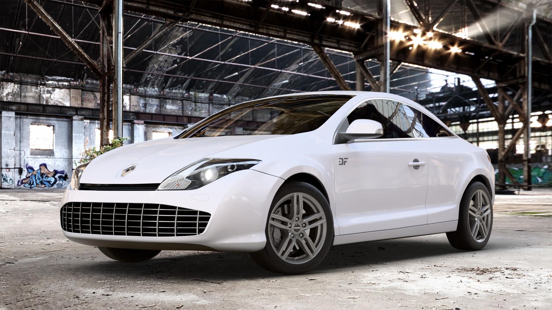 CARMANI 14 Paul hyper gun Felge mit Reifen silber in 17Zoll Winterfelge Alufelge auf weissem Renault Laguna III Coupé Typ T ⬇️ mit 15mm Tieferlegung ⬇️ Old Industrial Hall_max_4400mm_2024 Frontansicht_1