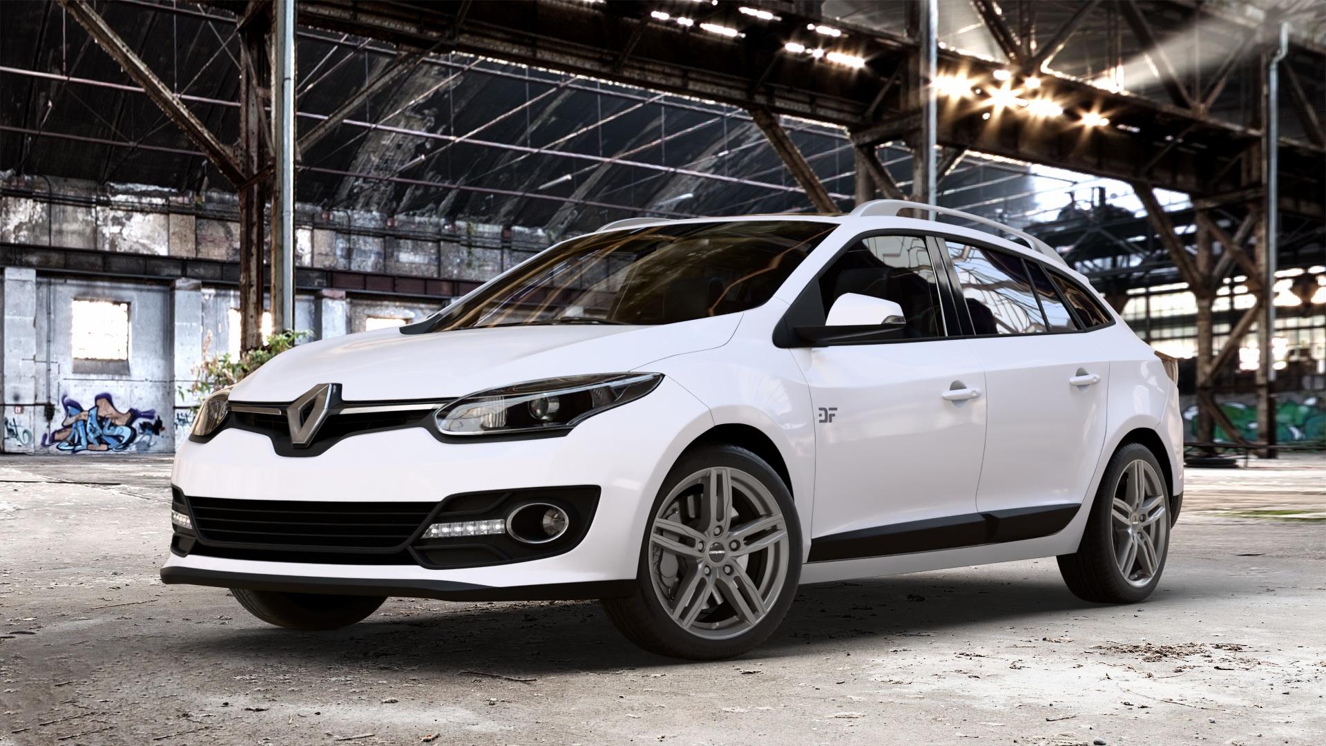 CARMANI 14 Paul hyper gun Felge mit Reifen silber in 17Zoll Winterfelge Alufelge auf weissem Renault Megane III Grandtour Typ Z ⬇️ mit 15mm Tieferlegung ⬇️ Old Industrial Hall_max_4400mm_2024 Frontansicht_1