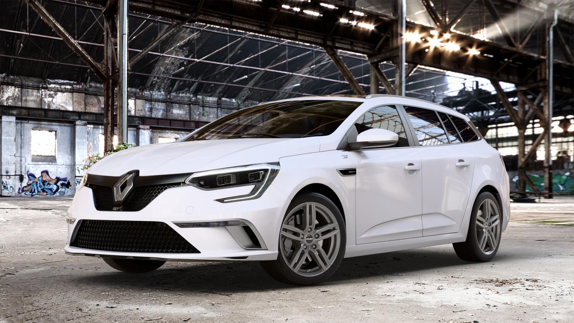 CARMANI 14 Paul hyper gun Felge mit Reifen silber in 17Zoll Winterfelge Alufelge auf weissem Renault Megane IV Grandtour Typ RFB Facelift ⬇️ mit 15mm Tieferlegung ⬇️ Old Industrial Hall_max_4400mm_2024 Frontansicht_1