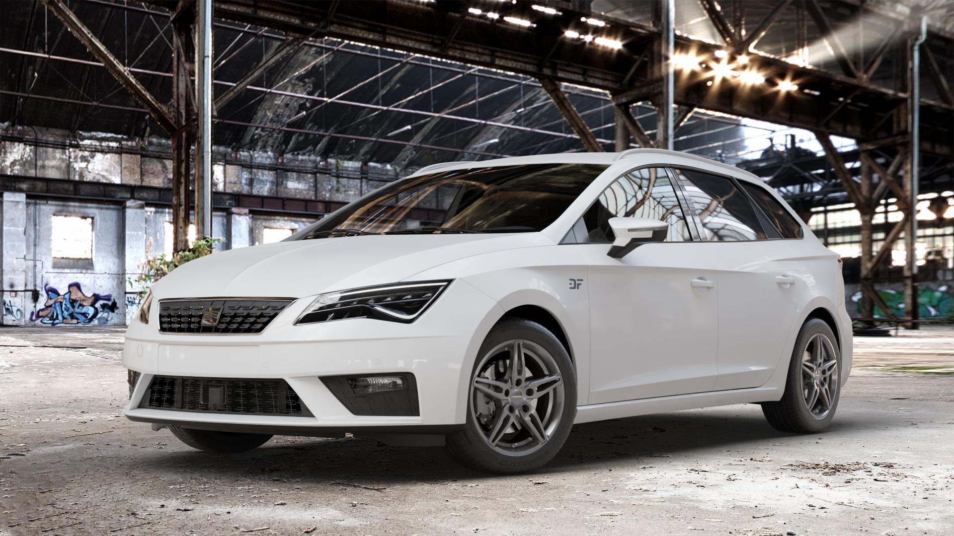 CARMANI 15 Oskar hyper gun Felge mit Reifen silber in 16Zoll Winterfelge Alufelge auf weissem Seat Leon Typ 5F ST Facelift ⬇️ mit 15mm Tieferlegung ⬇️ Old Industrial Hall_max_4400mm_2024 Frontansicht_1