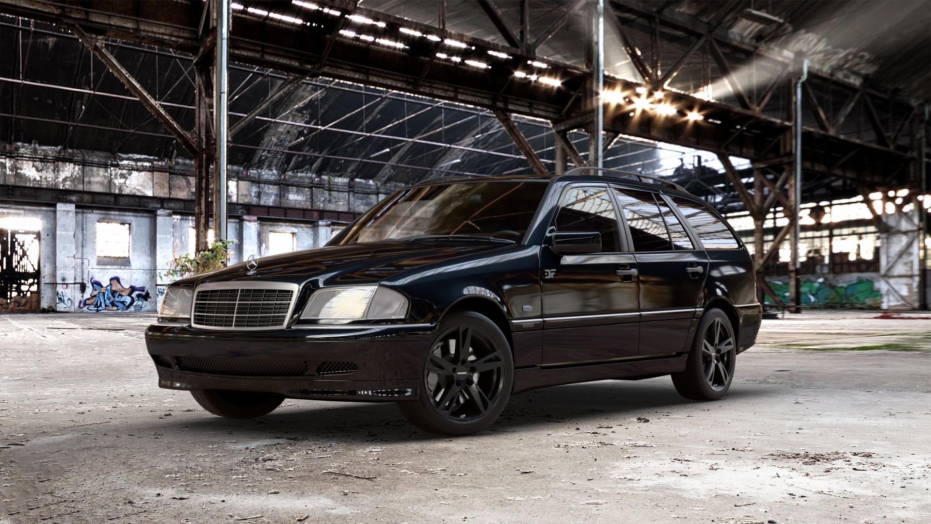 CARMANI 16 Anton black matt Felge mit Reifen schwarz schwarz matt in 17Zoll Winterfelge Alufelge auf metallic schwarzem Mercedes C-Klasse Typ S202 Kombi ⬇️ mit 15mm Tieferlegung ⬇️ Old Industrial Hall_max_5300mm_2024 Frontansicht_1