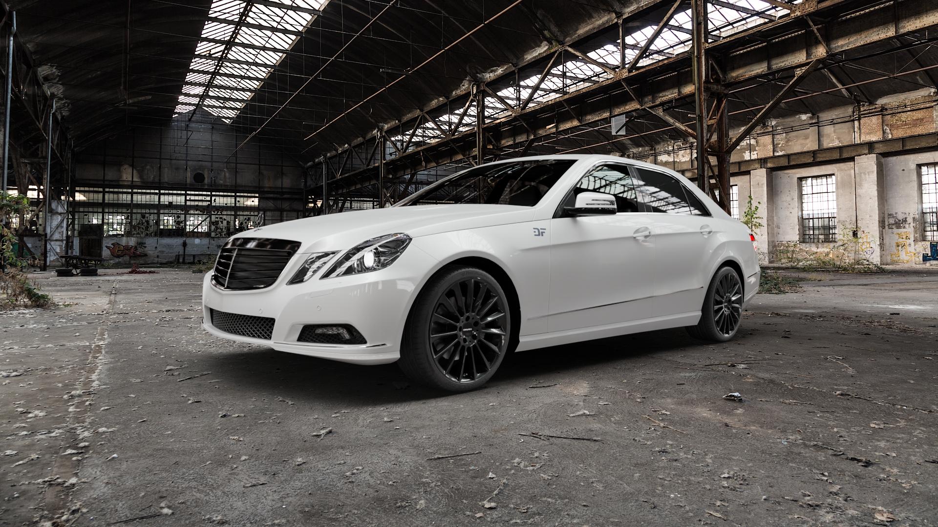 CARMANI 17 Fritz black Felge mit Reifen schwarz in 19Zoll Winterfelge Alufelge auf weissem Mercedes E-Klasse Typ W212 Limousine ⬇️ mit 15mm Tieferlegung ⬇️ Old Industrial Hall_max5000mm_2022 Frontansicht_1