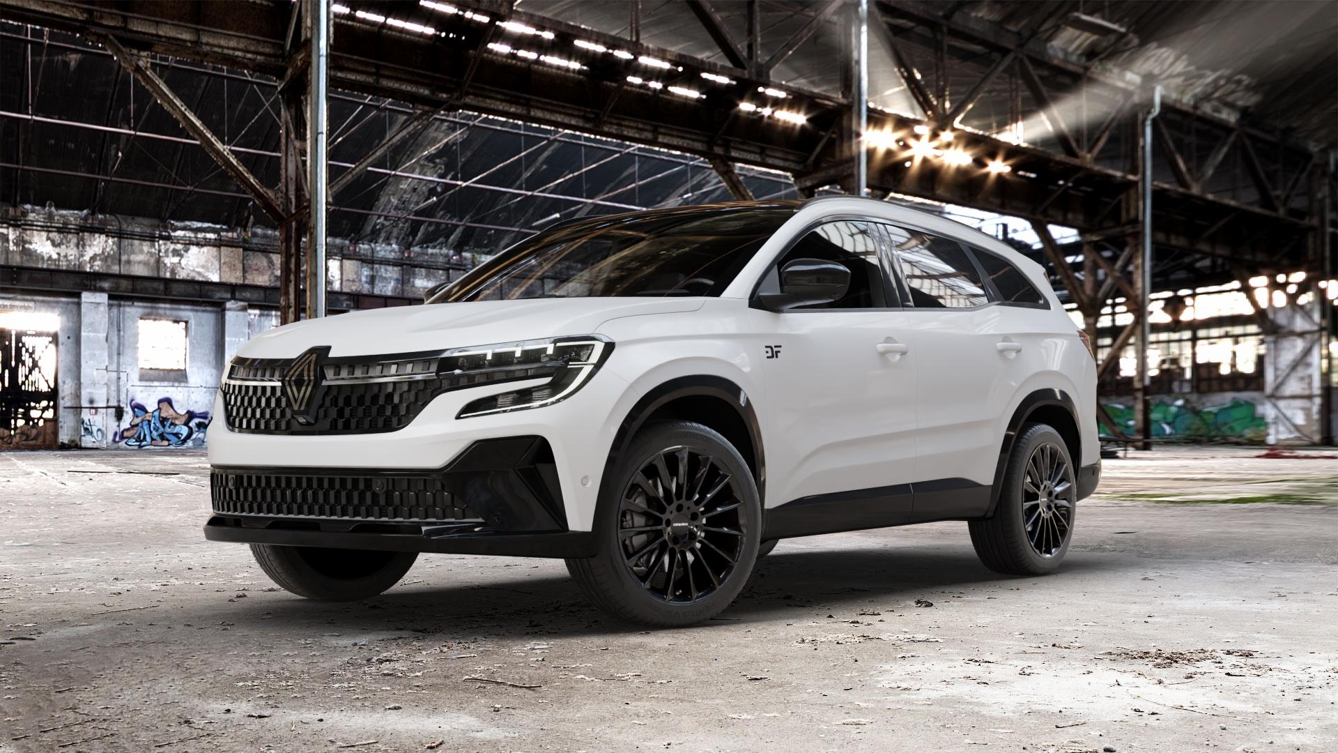 CARMANI 17 Fritz black Felge mit Reifen schwarz in 19Zoll Winterfelge Alufelge auf weissem Renault Espace VI Typ RHN ⬇️ mit 15mm Tieferlegung ⬇️ Old Industrial Hall_max_5300mm_2024 Frontansicht_1