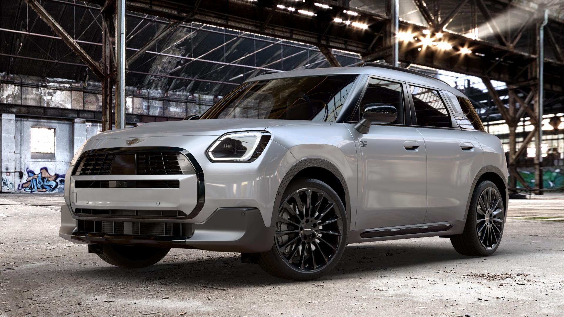 CARMANI 17 Fritz black Felge mit Reifen schwarz in 20Zoll Winterfelge Alufelge auf metallic silbernem Mini U25 Typ UMX (Countryman) 1,5l C 100kW Mild-Hybrid (136 PS) 115kW (156 2,0l JCW ALL4 221kW (300 D 110kW (150 0,0l E 68kW (92 S 150kW (204 SE 104kW ⬇️ mit 15mm Tieferlegung ⬇️ Old Industrial Hall_max_4400mm_2024 Frontansicht_1