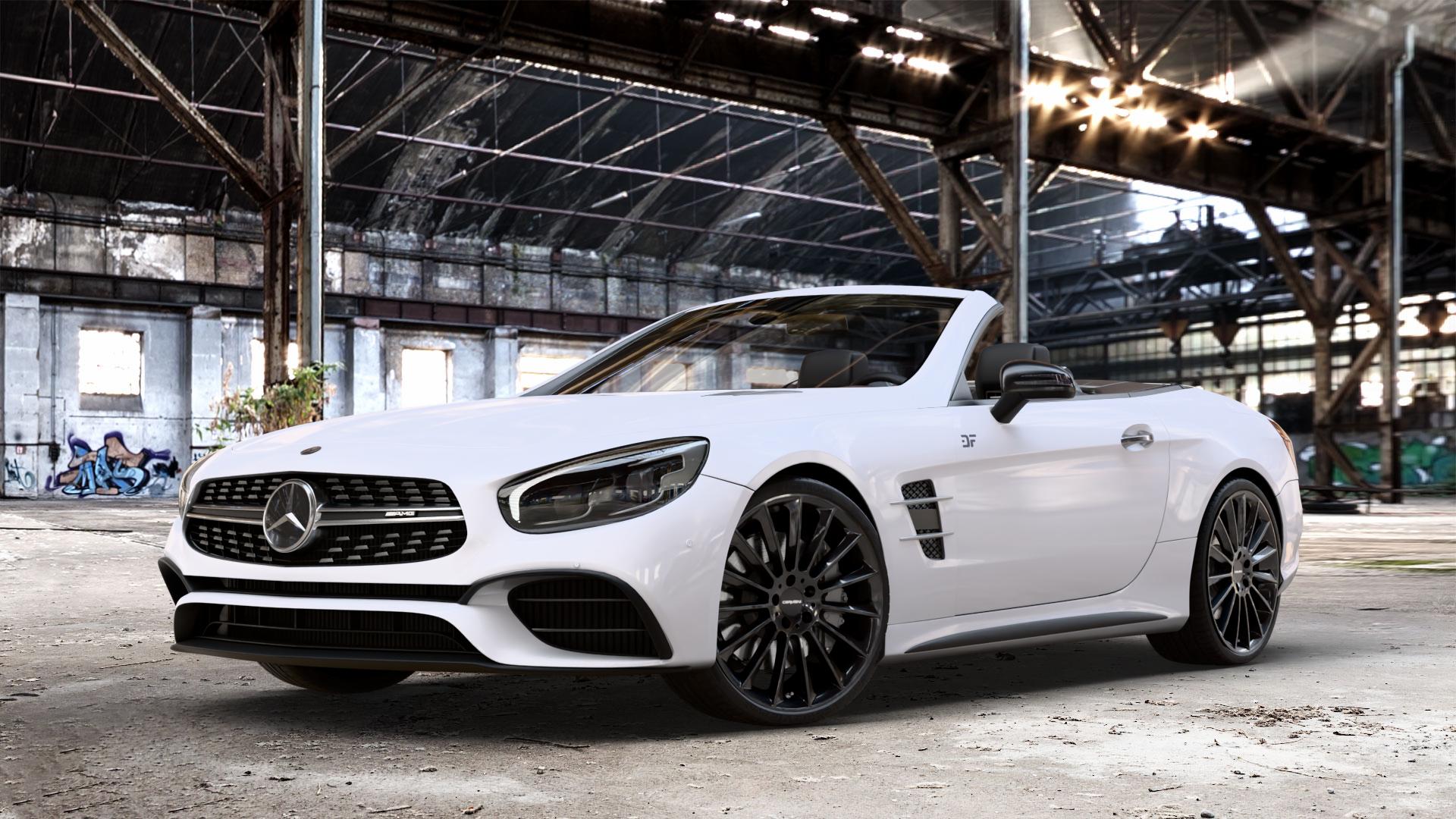 CARMANI 17 Fritz black Felge mit Reifen schwarz in 20Zoll Winterfelge Alufelge auf weissem Mercedes SL Typ R231 Facelift 5,5l 63 AMG 430kW (585 PS) 6,0l 65 463kW (630 420kW (571 ⬇️ mit 15mm Tieferlegung ⬇️ Old Industrial Hall_max_4400mm_2024 Frontansicht_1
