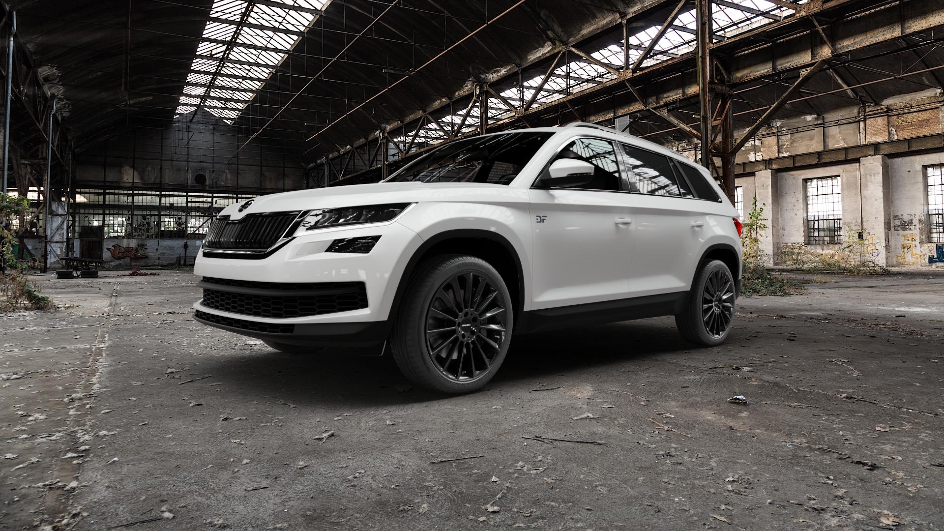 CARMANI 17 Fritz black Felge mit Reifen schwarz in 20Zoll Winterfelge Alufelge auf weissem Skoda Kodiaq Typ NS ⬇️ mit 15mm Tieferlegung ⬇️ Old Industrial Hall_max5000mm_2022 Frontansicht_1