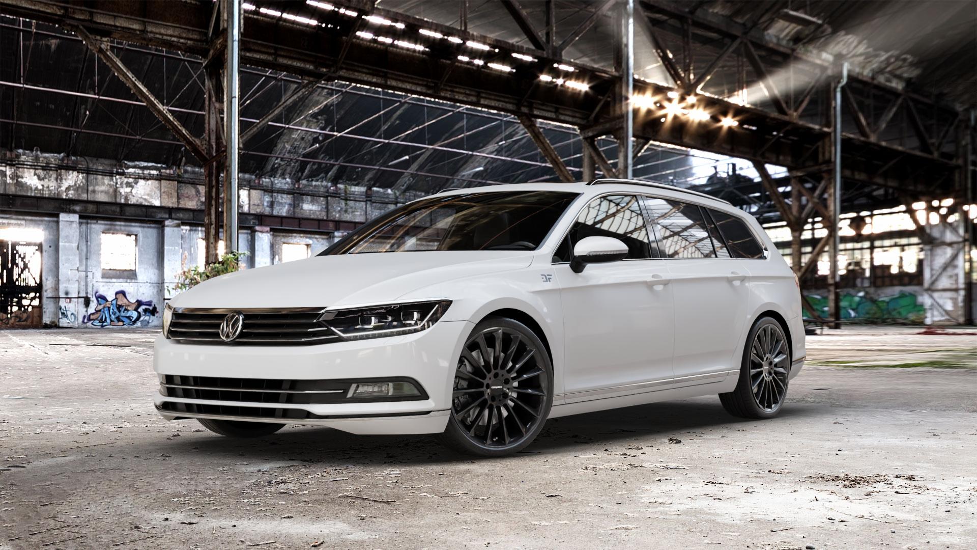 CARMANI 17 Fritz black Felge mit Reifen schwarz in 20Zoll Winterfelge Alufelge auf weissem Volkswagen (VW) Passat 3C/B8 Limousine Variant ⬇️ mit 15mm Tieferlegung ⬇️ Old Industrial Hall_max_5300mm_2024 Frontansicht_1