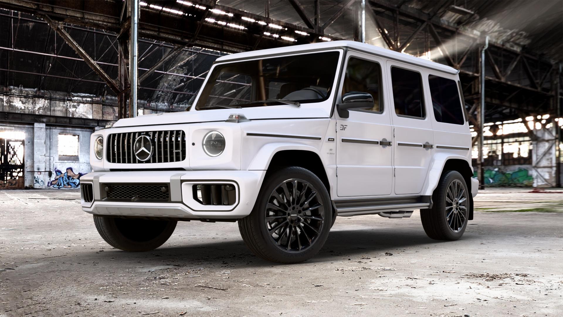 CARMANI 17 Fritz black Felge mit Reifen schwarz in 21Zoll Winterfelge Alufelge auf weissem Mercedes G-Klasse Typ W465 3,0l G 450d 270kW Mild-Hybrid (367 PS) 500 330kW (449 0,0l 580 EQ 223kW (303 4,0l 63 AMG 430kW (585 ⬇️ mit 15mm Tieferlegung ⬇️ Old Industrial Hall_max_5300mm_2024 Frontansicht_1