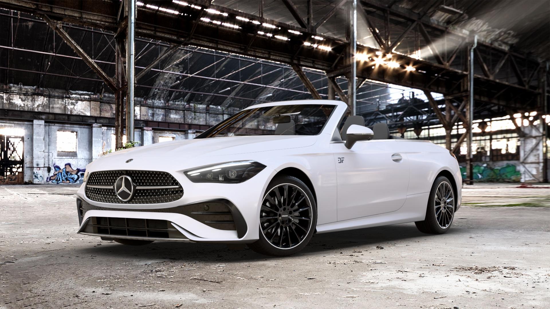 CARMANI 17 Fritz black lip polish Felge mit Reifen silber schwarz mehrfarbig in 19Zoll Winterfelge Alufelge auf weissem Mercedes CLE Typ C236 Cabrio 2,0l 180 125kW Mild-Hybrid (170 PS) 200 150kW (204 4Matic 220d 145kW (197 300 190kW (258 3,0l 450 280kW (381 AMG 53 330kW (449 ⬇️ mit 15mm Tieferlegung ⬇️ Old Industrial Hall_max_5300mm_2024 Frontansicht_1