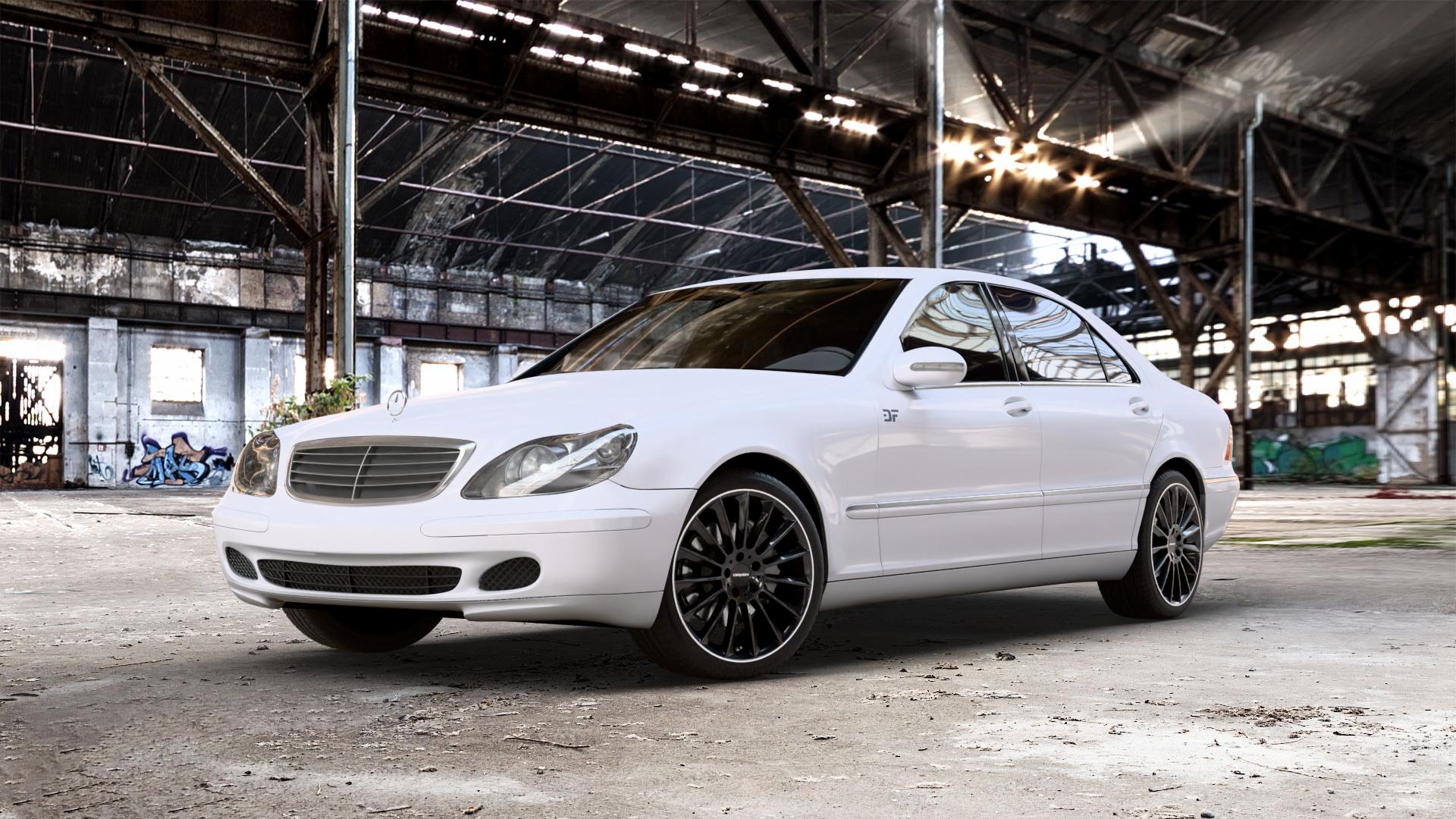 CARMANI 17 Fritz black lip polish Felge mit Reifen silber schwarz mehrfarbig in 19Zoll Winterfelge Alufelge auf weissem Mercedes S-Klasse Typ W220 2,8l S 280 150kW (204 PS) 3,2l 320 165kW (224 4,3l 430 205kW (279 5,0l 500 220kW (299 225kW (306 3,7l 350 180kW (245 CDI 145kW (197 4, ⬇️ mit 15mm Tieferlegung ⬇️ Old Industrial Hall_max_5300mm_2024 Frontansicht_1