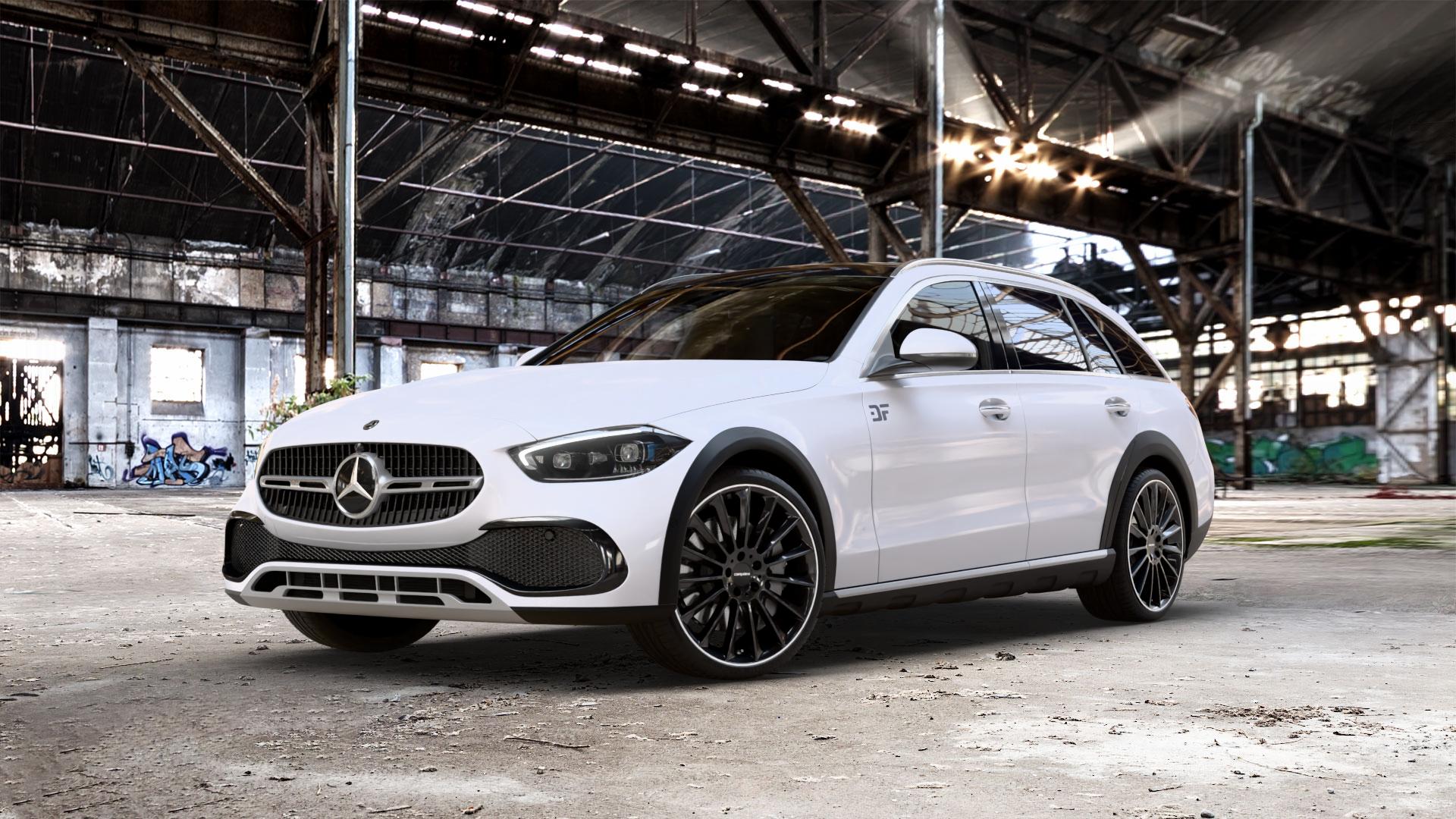 CARMANI 17 Fritz black lip polish Felge mit Reifen silber schwarz mehrfarbig in 20Zoll Winterfelge Alufelge auf weissem Mercedes C-Klasse Typ S206 All-Terrain 1,5l C 200 4Matic 150kW Mild-Hybrid (204 PS) 2,0l 220d 145kW (197 ⬇️ mit 15mm Tieferlegung ⬇️ Old Industrial Hall_max_5300mm_2024 Frontansicht_1