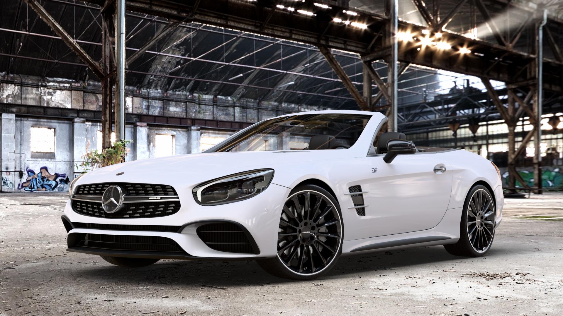 CARMANI 17 Fritz black lip polish Felge mit Reifen silber schwarz mehrfarbig in 20Zoll Winterfelge Alufelge auf weissem Mercedes SL Typ R231 Facelift 5,5l 63 AMG 430kW (585 PS) 6,0l 65 463kW (630 420kW (571 ⬇️ mit 15mm Tieferlegung ⬇️ Old Industrial Hall_max_4400mm_2024 Frontansicht_1