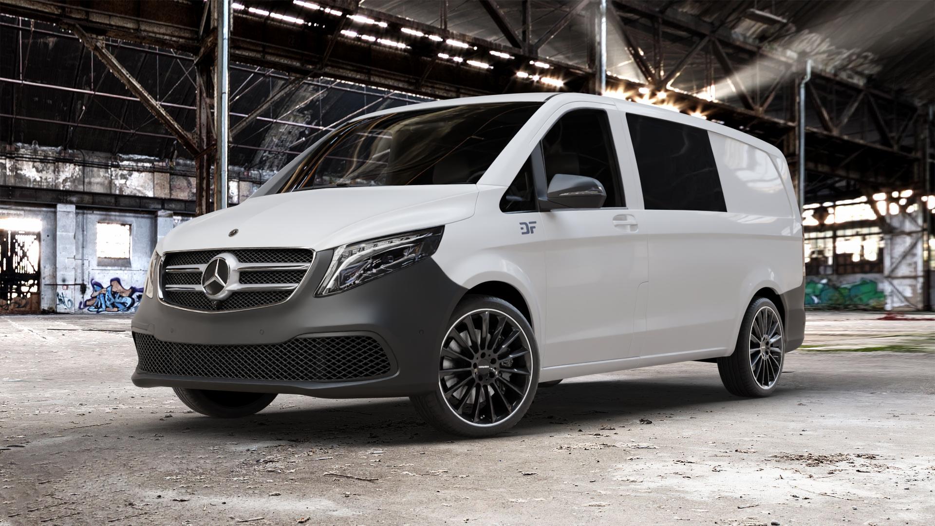CARMANI 17 Fritz black lip polish Felge mit Reifen silber schwarz mehrfarbig in 20Zoll Winterfelge Alufelge auf weissem Mercedes Vito Mixto Typ W447 Facelift ⬇️ mit 15mm Tieferlegung ⬇️ Old Industrial Hall_max_5300mm_2024 Frontansicht_1