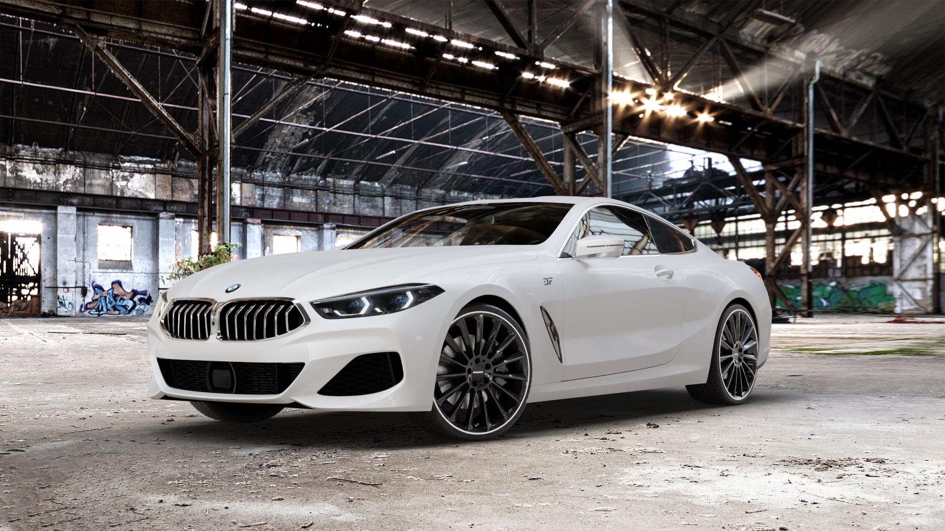 CARMANI 17 Fritz black lip polish Felge mit Reifen silber schwarz mehrfarbig in 21Zoll Winterfelge Alufelge auf weissem BMW 840d xDrive Typ G15 M850i 840i M8 F8CM (Coupe) 8er Coupé (G8C) ⬇️ mit 15mm Tieferlegung ⬇️ Old Industrial Hall_max_5300mm_2024 Frontansicht_1