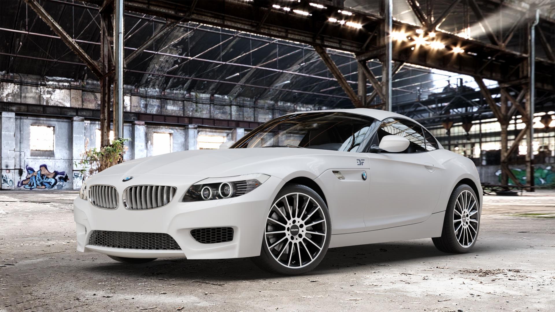 CARMANI 17 Fritz black polish Felge mit Reifen silber schwarz mehrfarbig in 18Zoll Winterfelge Alufelge auf weissem BMW Z4 Roadster Typ E89 (Z89, ZR) ⬇️ mit 15mm Tieferlegung ⬇️ Old Industrial Hall_max_4400mm_2024 Frontansicht_1