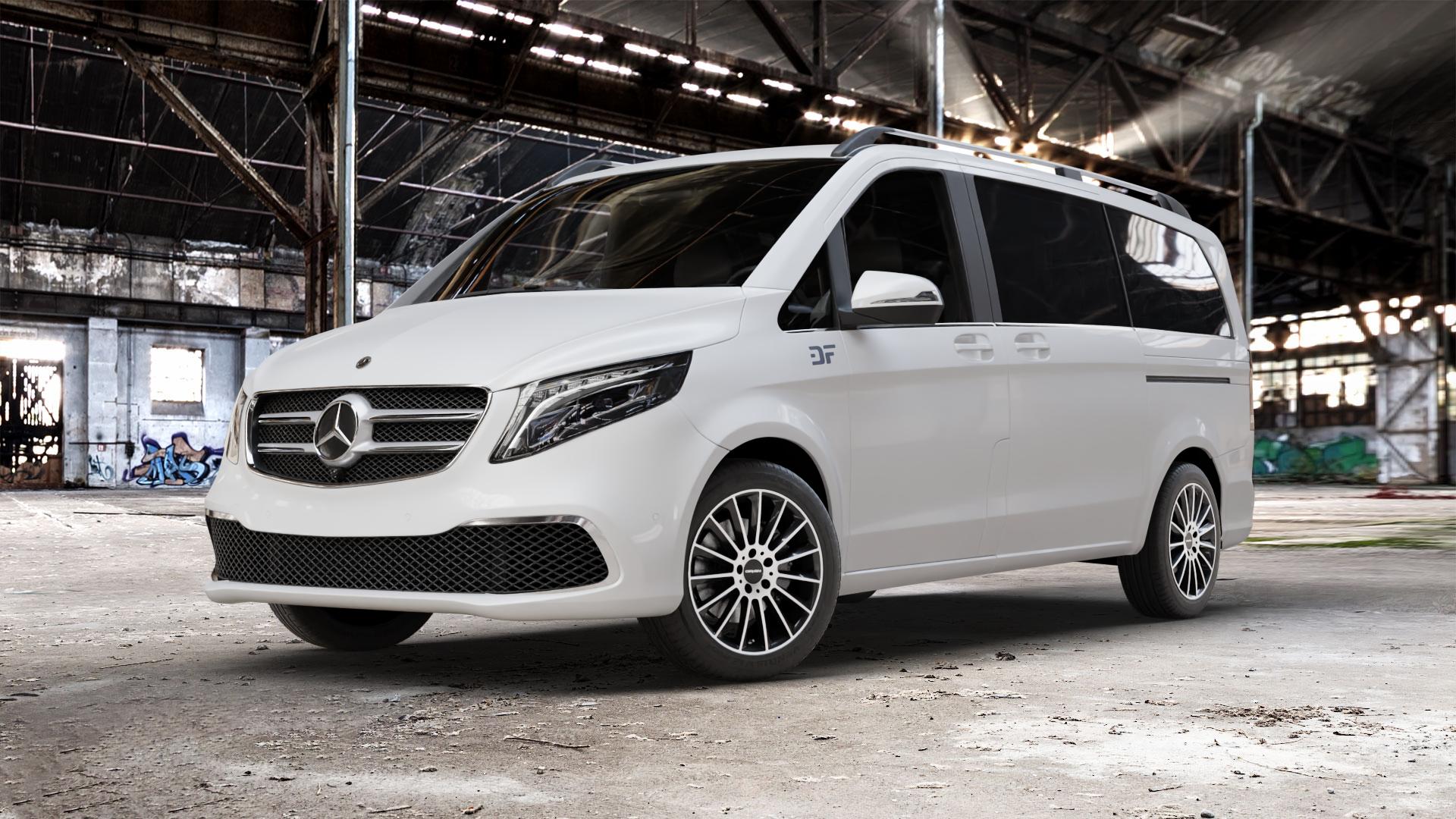 CARMANI 17 Fritz black polish Felge mit Reifen silber schwarz mehrfarbig in 18Zoll Winterfelge Alufelge auf weissem Mercedes V-Klasse Typ W447 Facelift Marco Polo Vito Tourer ⬇️ mit 15mm Tieferlegung ⬇️ Old Industrial Hall_max_5300mm_2024 Frontansicht_1