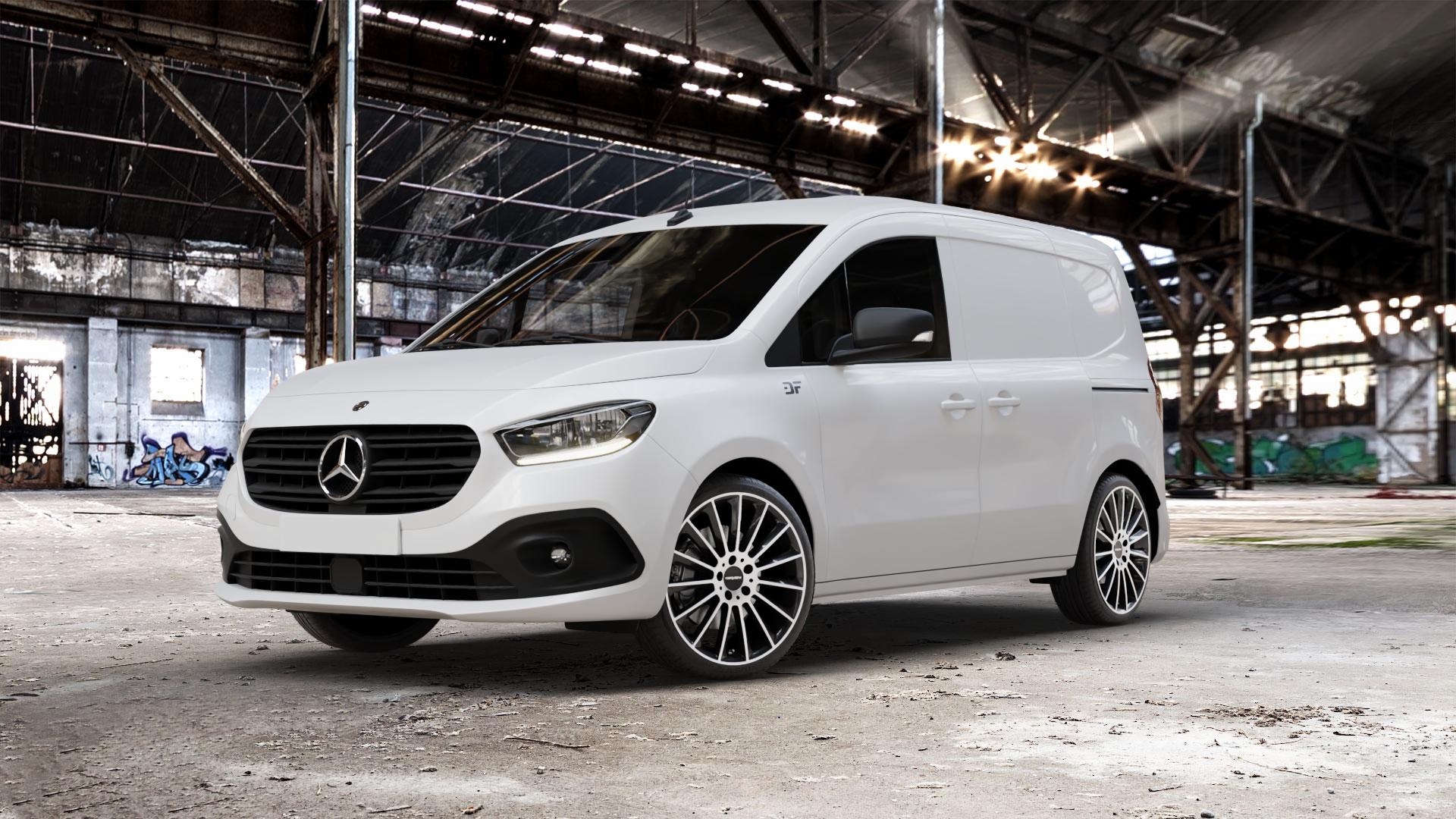 CARMANI 17 Fritz black polish Felge mit Reifen silber schwarz mehrfarbig in 19Zoll Winterfelge Alufelge auf weissem Mercedes Citan Kasten Typ W420 ⬇️ mit 15mm Tieferlegung ⬇️ Old Industrial Hall_max_5300mm_2024 Frontansicht_1