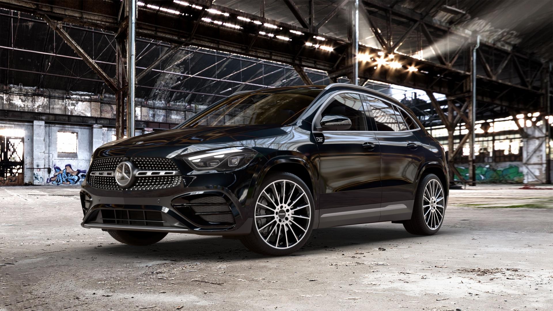 CARMANI 17 Fritz black polish Felge mit Reifen silber schwarz mehrfarbig in 20Zoll Winterfelge Alufelge auf schwarzem metallic Mercedes GLA-Klasse Typ F2B Facelift ⬇️ mit 15mm Tieferlegung ⬇️ Old Industrial Hall_max_5300mm_2024 Frontansicht_1