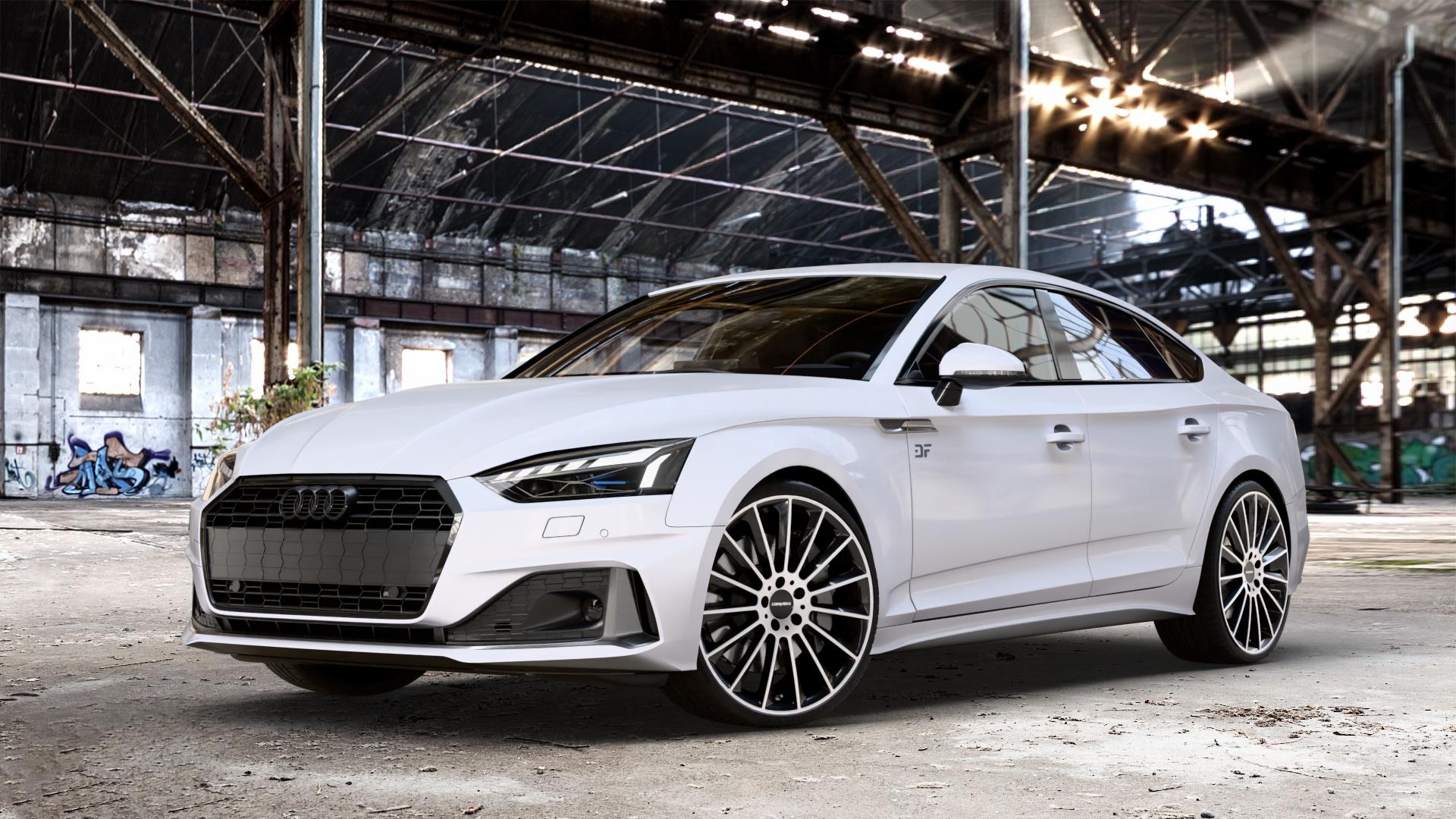 CARMANI 17 Fritz black polish Felge mit Reifen silber schwarz mehrfarbig in 20Zoll Winterfelge Alufelge auf weissem Audi A5 Typ B9 (Sportback) Facelift ⬇️ mit 15mm Tieferlegung ⬇️ Old Industrial Hall_max_4400mm_2024 Frontansicht_1