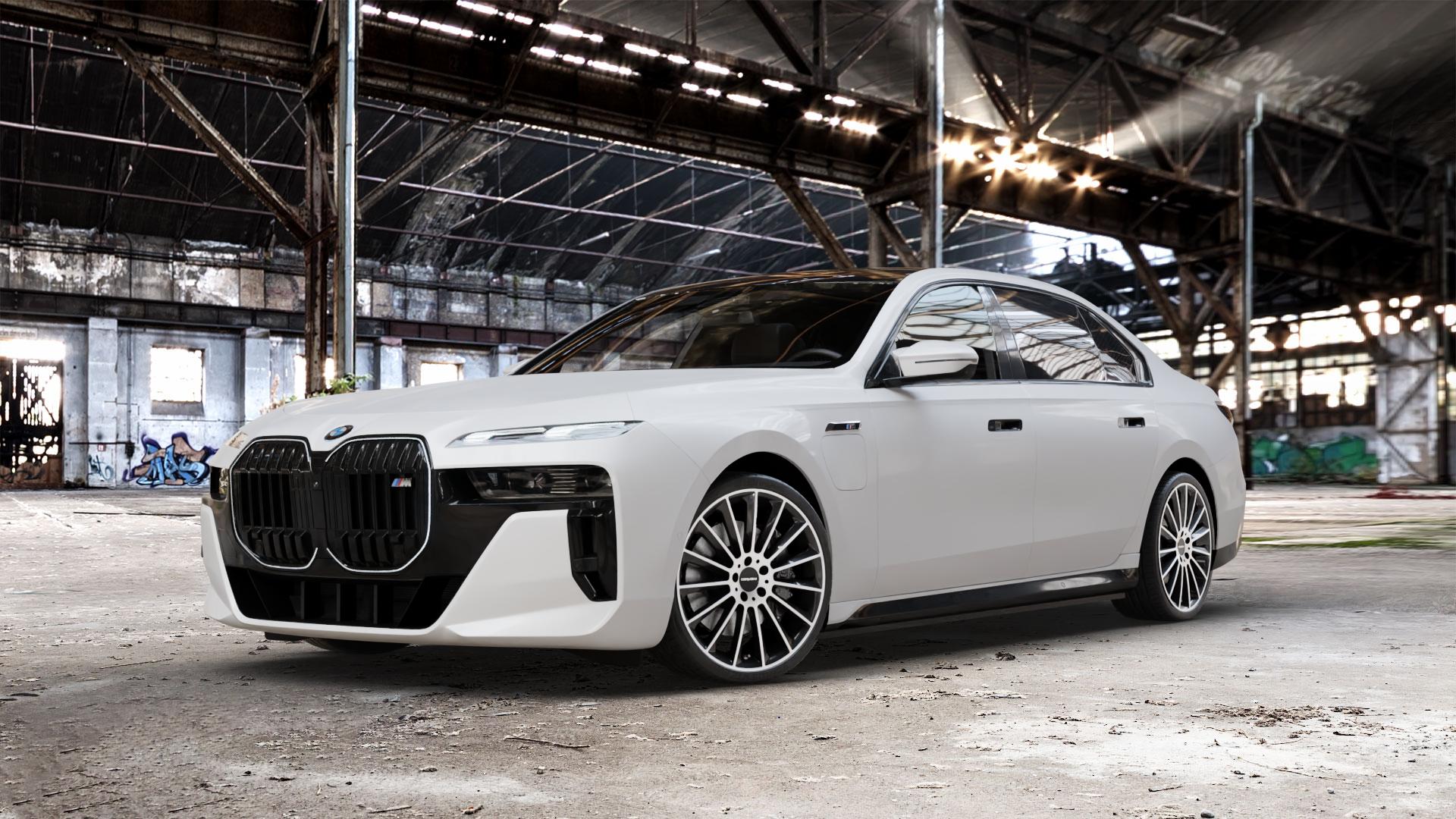 CARMANI 17 Fritz black polish Felge mit Reifen silber schwarz mehrfarbig in 20Zoll Winterfelge Alufelge auf weissem BMW M760e xDrive Typ G70 ⬇️ mit 15mm Tieferlegung ⬇️ Old Industrial Hall_max_5300mm_2024 Frontansicht_1