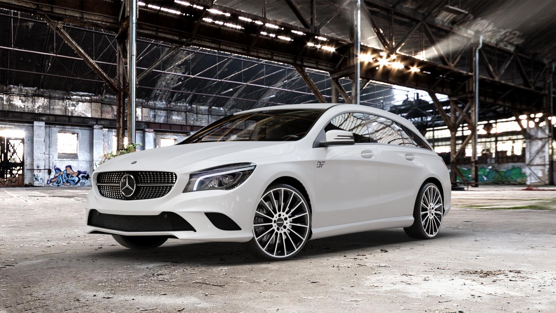 CARMANI 17 Fritz black polish Felge mit Reifen silber schwarz mehrfarbig in 20Zoll Winterfelge Alufelge auf weissem Mercedes CLA-Klasse I Shooting Brake Typ 245G ⬇️ mit 15mm Tieferlegung ⬇️ Old Industrial Hall_max_5300mm_2024 Frontansicht_1