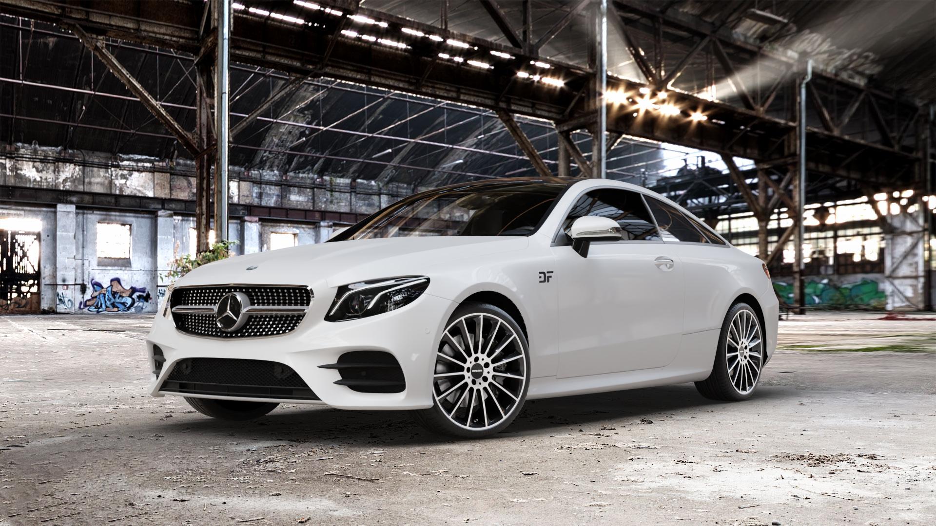 CARMANI 17 Fritz black polish Felge mit Reifen silber schwarz mehrfarbig in 20Zoll Winterfelge Alufelge auf weissem Mercedes E-Klasse Typ C238 Coupe (R1EC) ⬇️ mit 15mm Tieferlegung ⬇️ Old Industrial Hall_max_5300mm_2024 Frontansicht_1