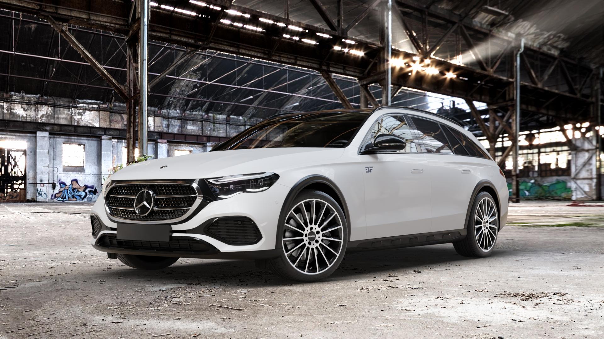 CARMANI 17 Fritz black polish Felge mit Reifen silber schwarz mehrfarbig in 20Zoll Winterfelge Alufelge auf weissem Mercedes E-Klasse Typ S214 All-Terrain Coupe ⬇️ mit 15mm Tieferlegung ⬇️ Old Industrial Hall_max_5300mm_2024 Frontansicht_1