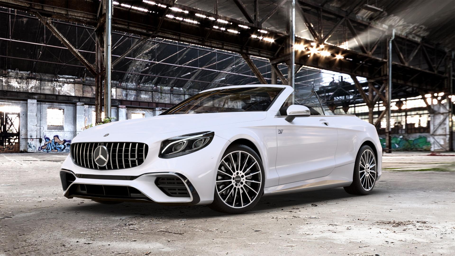 CARMANI 17 Fritz black polish Felge mit Reifen silber schwarz mehrfarbig in 20Zoll Winterfelge Alufelge auf weissem Mercedes S-Klasse Cabrio Typ 217 5,5l S 63 AMG 4Matic 430kW (585 PS) 6,0l 65 463kW (630 Facelift 4,0l 450kW (612 ⬇️ mit 15mm Tieferlegung ⬇️ Old Industrial Hall_max_5300mm_2024 Frontansicht_1