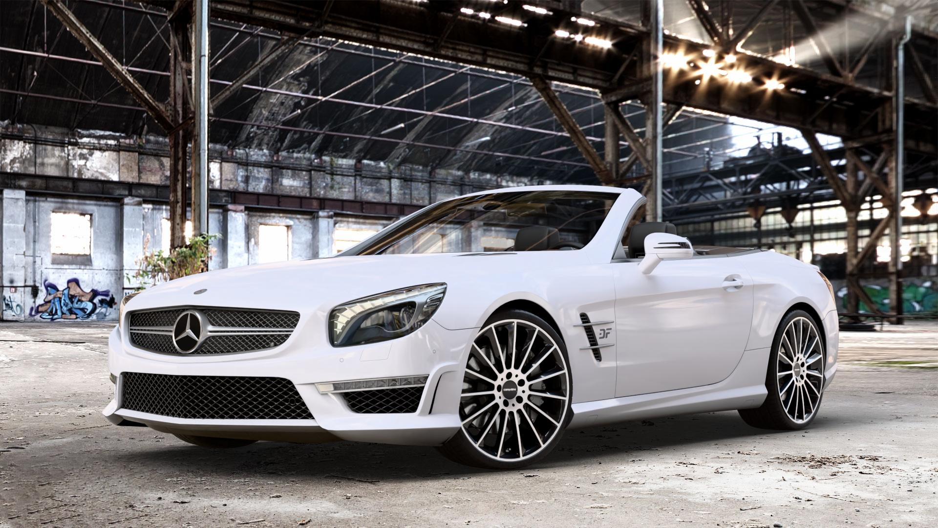 CARMANI 17 Fritz black polish Felge mit Reifen silber schwarz mehrfarbig in 20Zoll Winterfelge Alufelge auf weissem Mercedes SL Typ R231 5,5l 63 AMG 395kW (537 PS) 6,0l 65 463kW (630 ⬇️ mit 15mm Tieferlegung ⬇️ Old Industrial Hall_max_4400mm_2024 Frontansicht_1