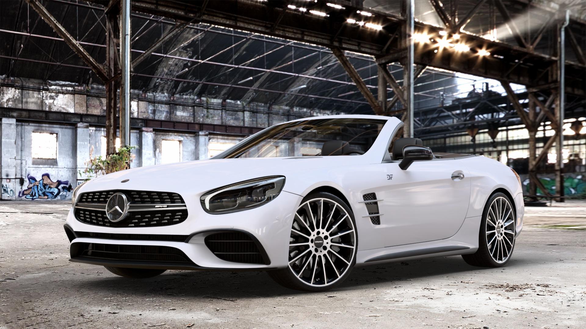 CARMANI 17 Fritz black polish Felge mit Reifen silber schwarz mehrfarbig in 20Zoll Winterfelge Alufelge auf weissem Mercedes SL Typ R231 Facelift 5,5l 63 AMG 430kW (585 PS) 6,0l 65 463kW (630 420kW (571 ⬇️ mit 15mm Tieferlegung ⬇️ Old Industrial Hall_max_4400mm_2024 Frontansicht_1
