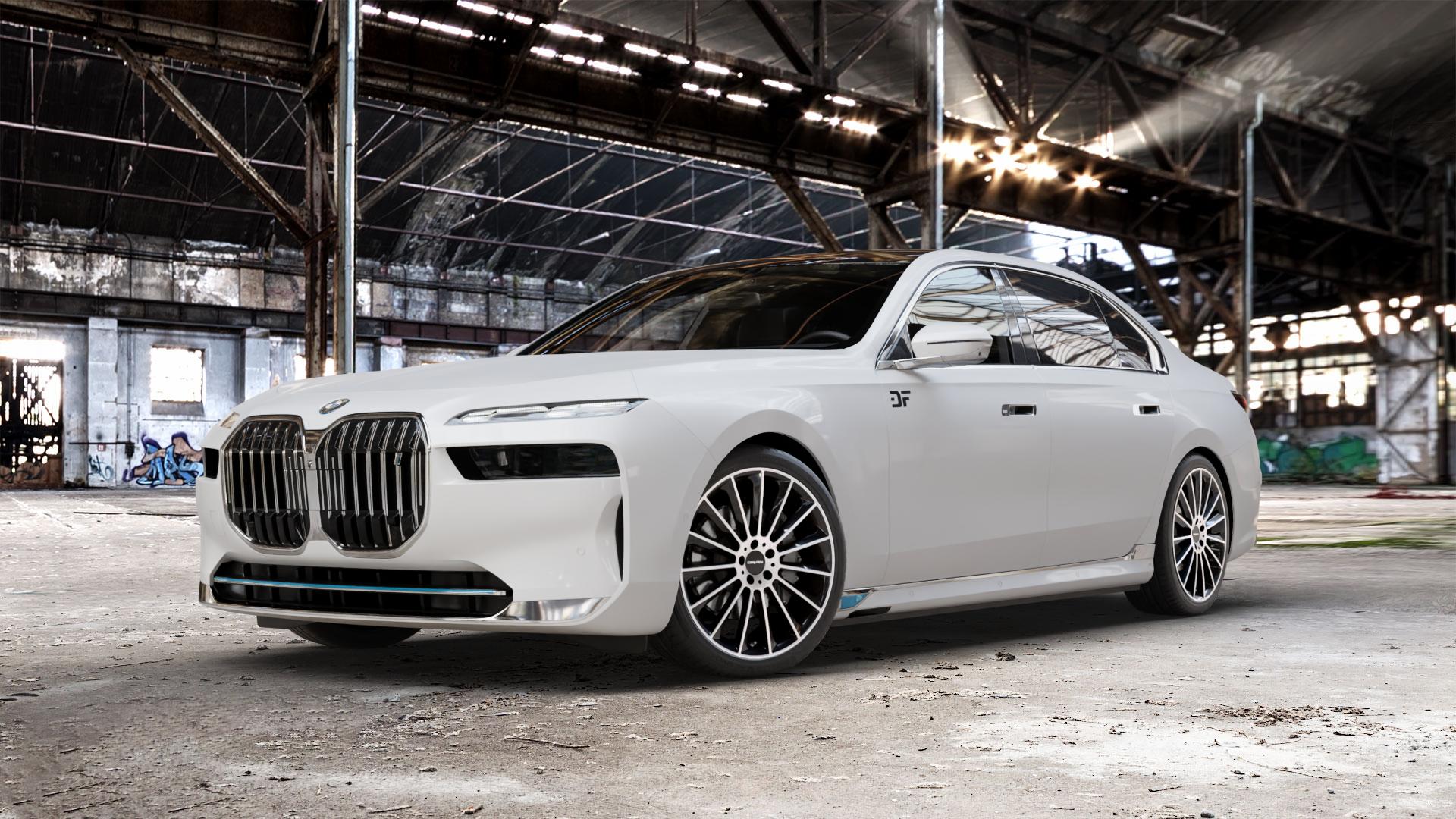 CARMANI 17 Fritz black polish Felge mit Reifen silber schwarz mehrfarbig in 21Zoll Winterfelge Alufelge auf weissem BMW i7 Typ G70 ⬇️ mit 15mm Tieferlegung ⬇️ Old Industrial Hall_max_5300mm_2024 Frontansicht_1