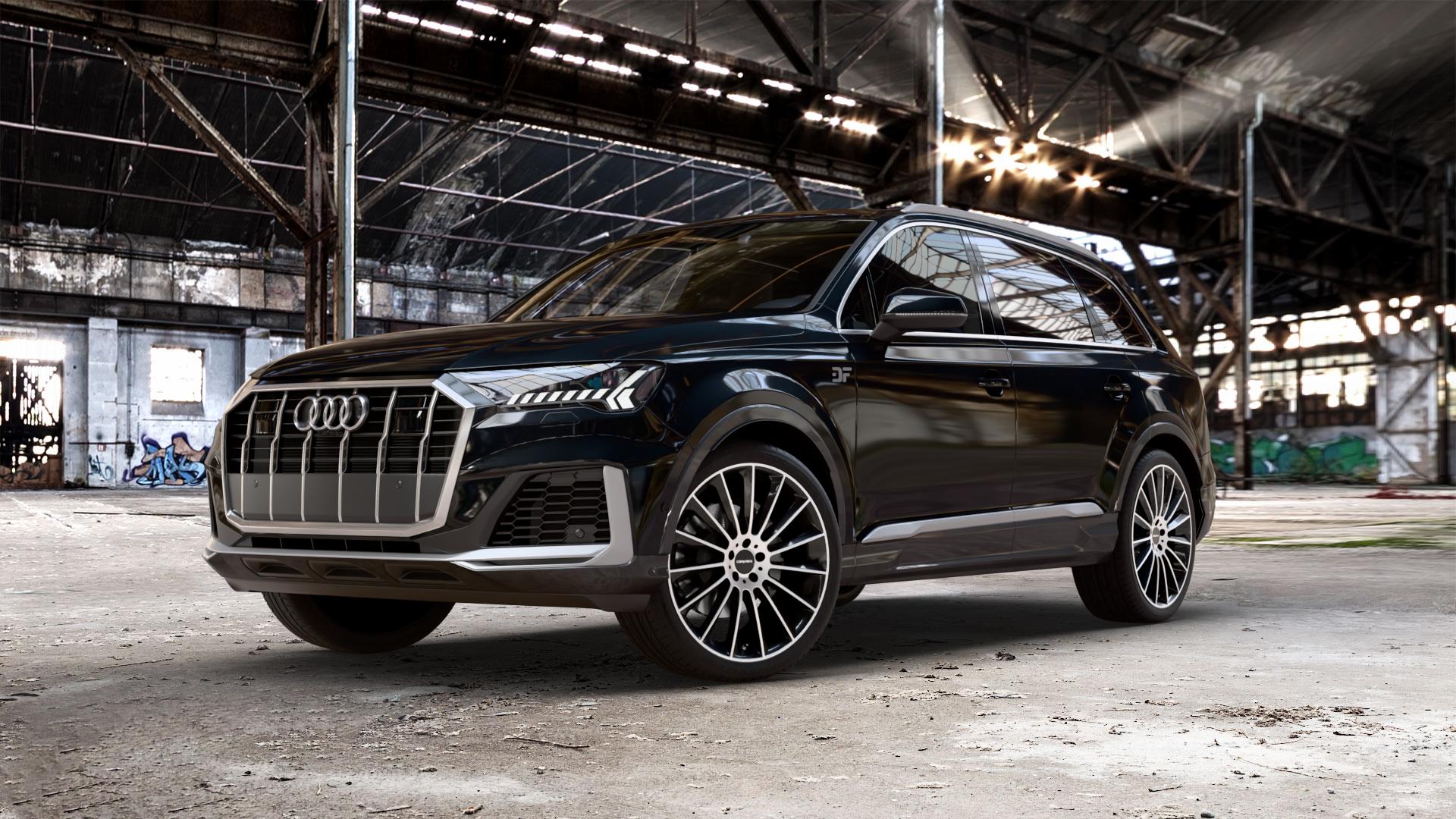 CARMANI 17 Fritz black polish Felge mit Reifen silber schwarz mehrfarbig in 22Zoll Winterfelge Alufelge auf metallic schwarzem Audi Q7 II Typ 4M (4L) Facelift 19-> ⬇️ mit 15mm Tieferlegung ⬇️ Old Industrial Hall_max_5300mm_2024 Frontansicht_1