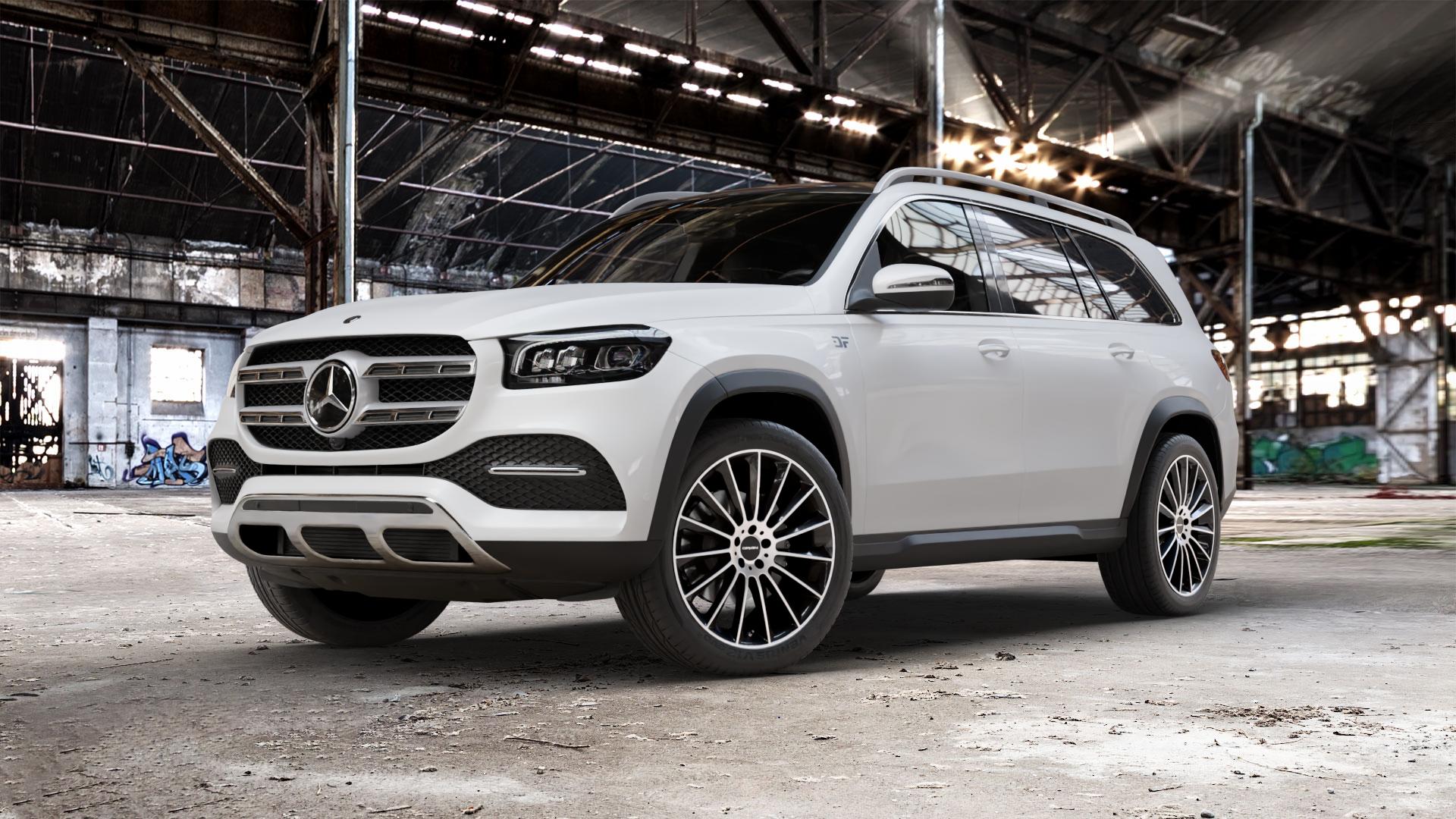 CARMANI 17 Fritz black polish Felge mit Reifen silber schwarz mehrfarbig in 22Zoll Winterfelge Alufelge auf weissem Mercedes GLS-Klasse Typ 167 (H1GLE) 2,9l 350 d 4Matic 210kW (286 PS) 400 243kW (330 4,0l 580 360kW Mild-Hybrid (489 ⬇️ mit 15mm Tieferlegung ⬇️ Old Industrial Hall_max_5300mm_2024 Frontansicht_1