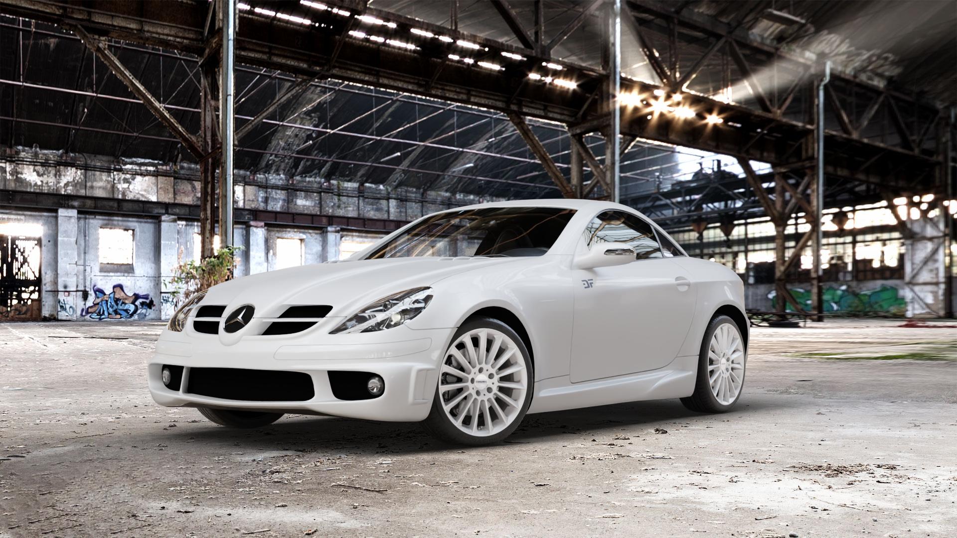 CARMANI 17 Fritz white silver Felge mit Reifen silber weiss in 18Zoll Winterfelge Alufelge auf weissem Mercedes SLK Typ R171 ⬇️ mit 15mm Tieferlegung ⬇️ Old Industrial Hall_max_5300mm_2024 Frontansicht_1
