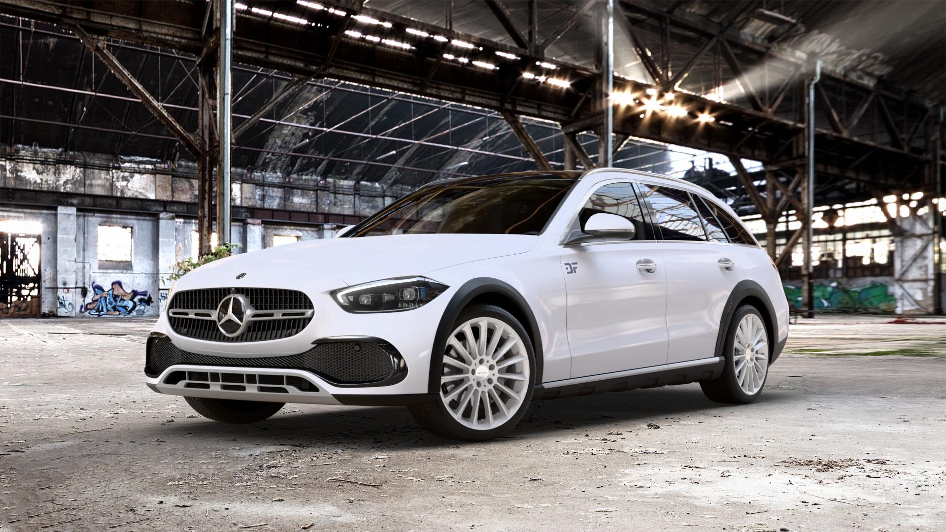 CARMANI 17 Fritz white silver Felge mit Reifen silber weiss in 19Zoll Winterfelge Alufelge auf weissem Mercedes C-Klasse Typ S206 All-Terrain 1,5l C 200 4Matic 150kW Mild-Hybrid (204 PS) 2,0l 220d 145kW (197 ⬇️ mit 15mm Tieferlegung ⬇️ Old Industrial Hall_max_5300mm_2024 Frontansicht_1
