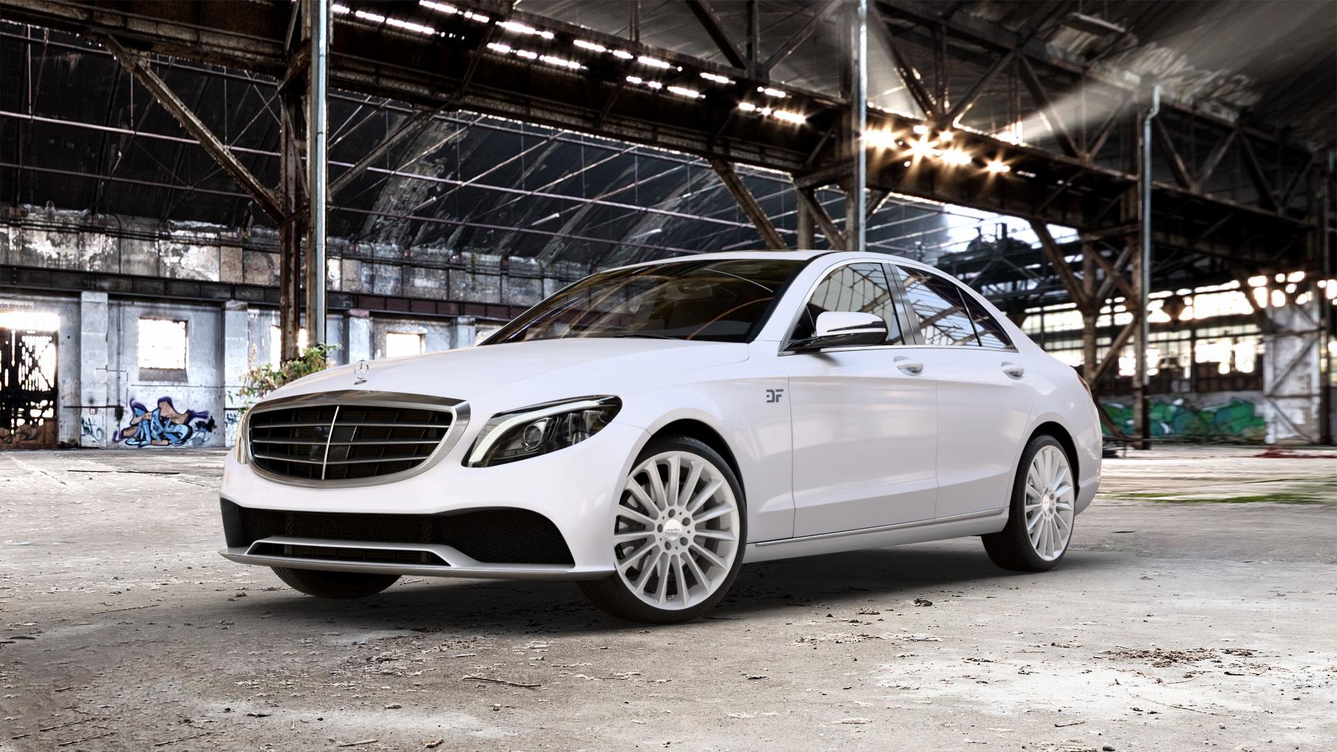 CARMANI 17 Fritz white silver Felge mit Reifen silber weiss in 19Zoll Winterfelge Alufelge auf weissem Mercedes C-Klasse Typ W205 Limousine Facelift ⬇️ mit 15mm Tieferlegung ⬇️ Old Industrial Hall_max_5300mm_2024 Frontansicht_1
