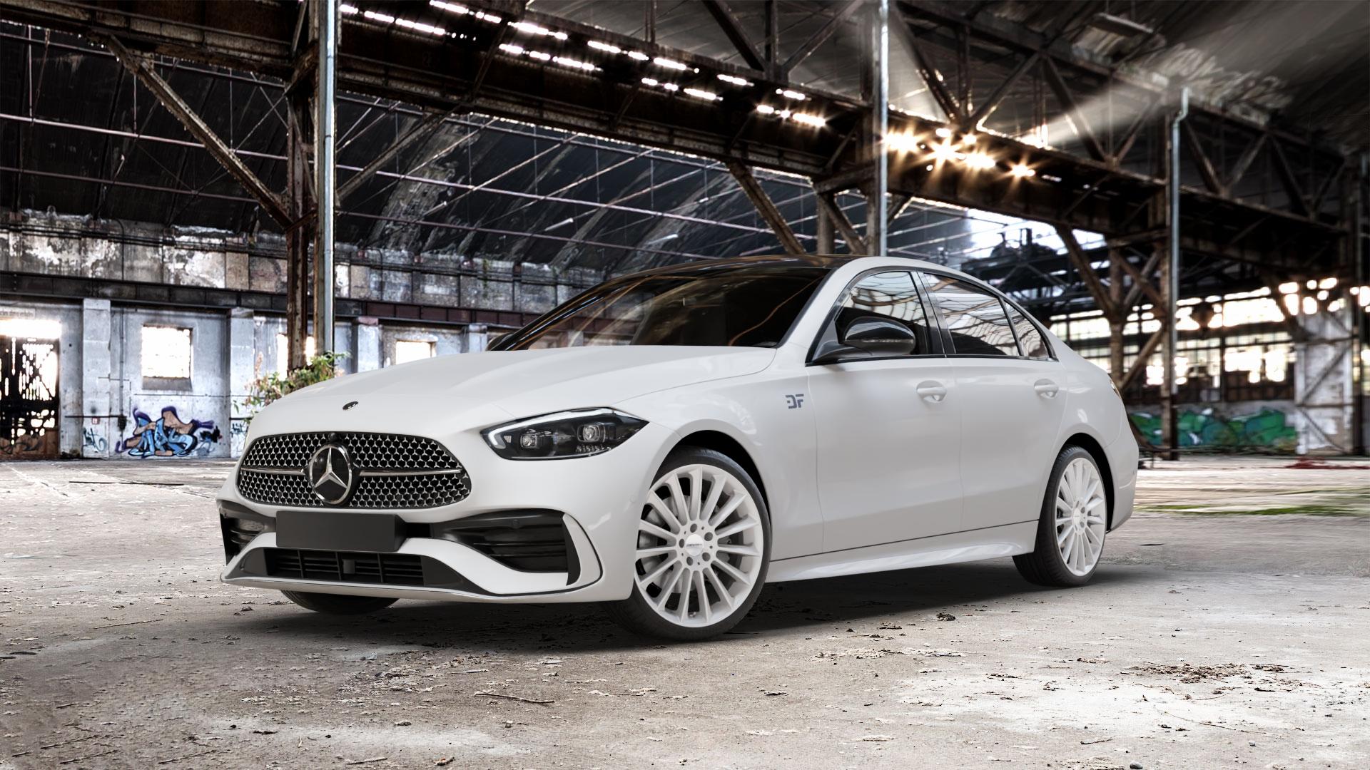 CARMANI 17 Fritz white silver Felge mit Reifen silber weiss in 19Zoll Winterfelge Alufelge auf weissem Mercedes C-Klasse Typ W206 Limousine ⬇️ mit 15mm Tieferlegung ⬇️ Old Industrial Hall_max_5300mm_2024 Frontansicht_1