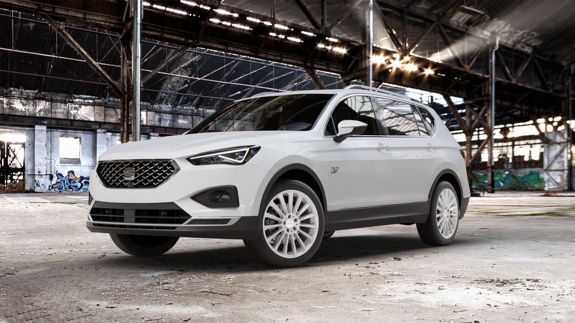 CARMANI 17 Fritz white silver Felge mit Reifen silber weiss in 19Zoll Winterfelge Alufelge auf weissem Seat Tarraco Typ KN ⬇️ mit 15mm Tieferlegung ⬇️ Old Industrial Hall_max_5300mm_2024 Frontansicht_1