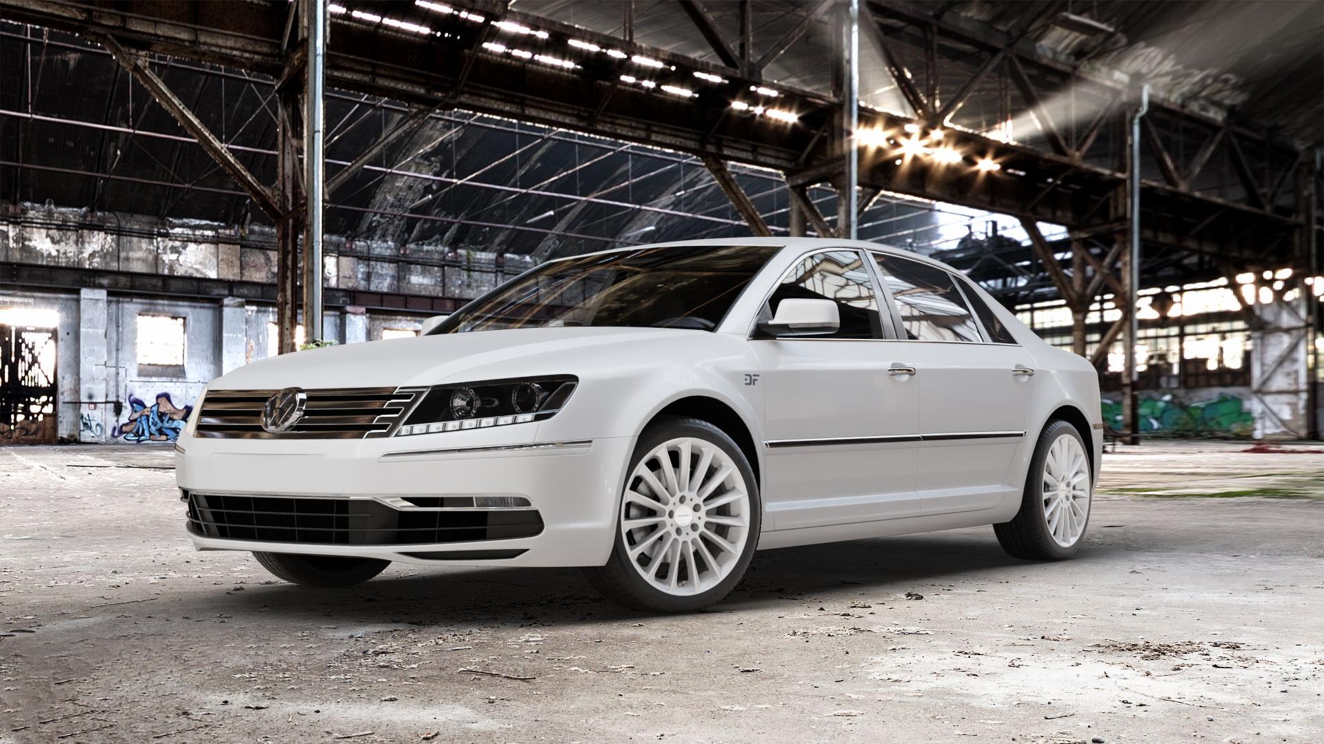 CARMANI 17 Fritz white silver Felge mit Reifen silber weiss in 19Zoll Winterfelge Alufelge auf weissem Volkswagen (VW) Phaeton Typ 3D (Facelift 10->) ⬇️ mit 15mm Tieferlegung ⬇️ Old Industrial Hall_max_5300mm_2024 Frontansicht_1
