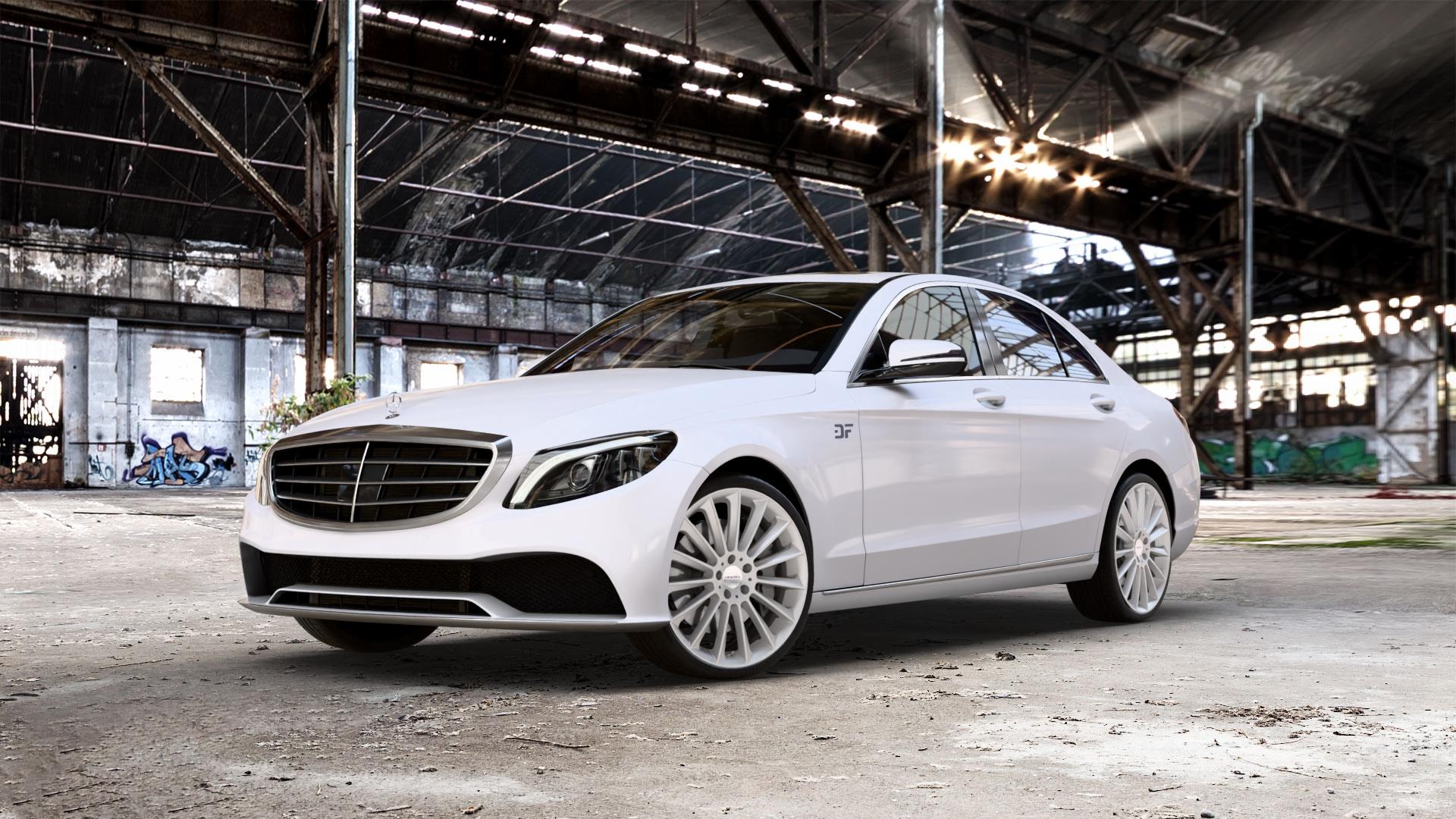 CARMANI 17 Fritz white silver Felge mit Reifen silber weiss in 20Zoll Winterfelge Alufelge auf weissem Mercedes C-Klasse Typ W205 Limousine Facelift ⬇️ mit 15mm Tieferlegung ⬇️ Old Industrial Hall_max_5300mm_2024 Frontansicht_1